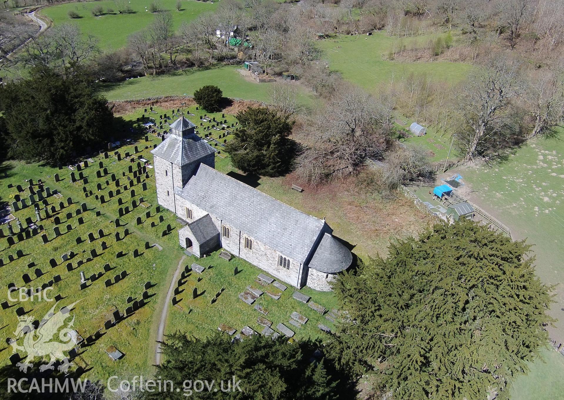 Digital aerial photograph showing Pennant Melangell church.