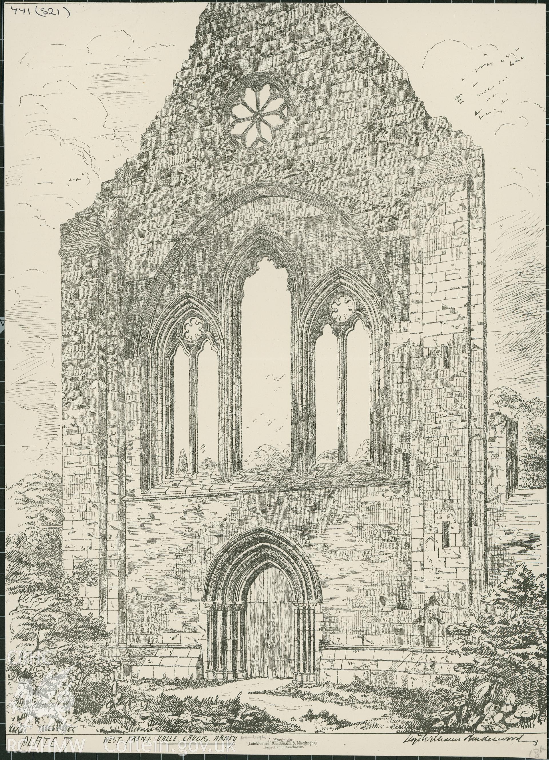 Print of a non RCAHMW drawing showing elevation of Valle Crucis Abbey.