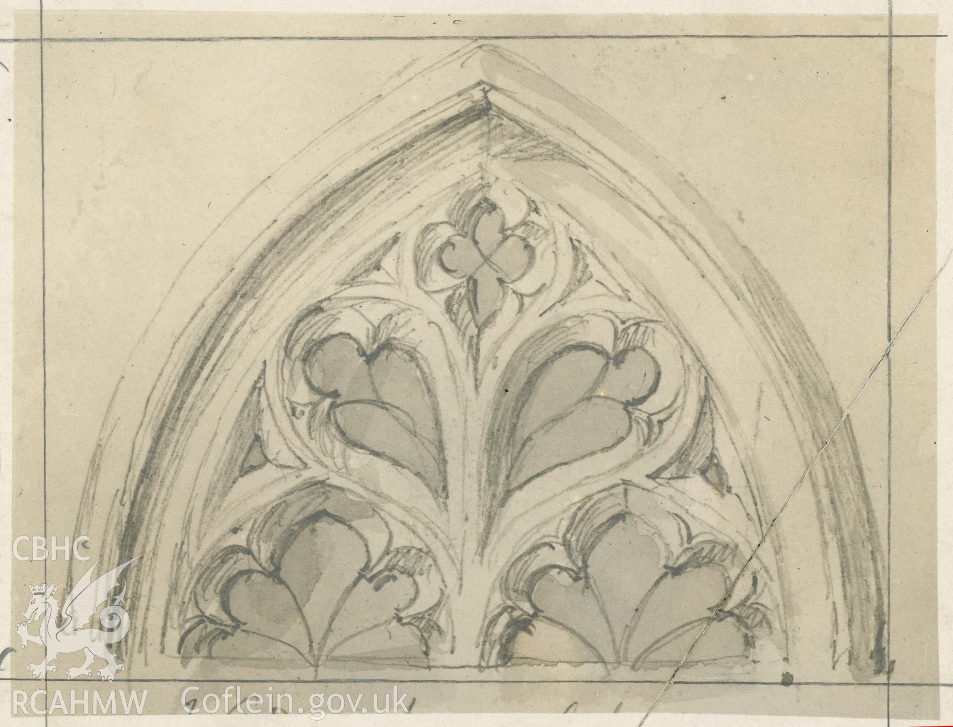 Pencil sketch showing detail of archway at Valle Crucis Abbey.