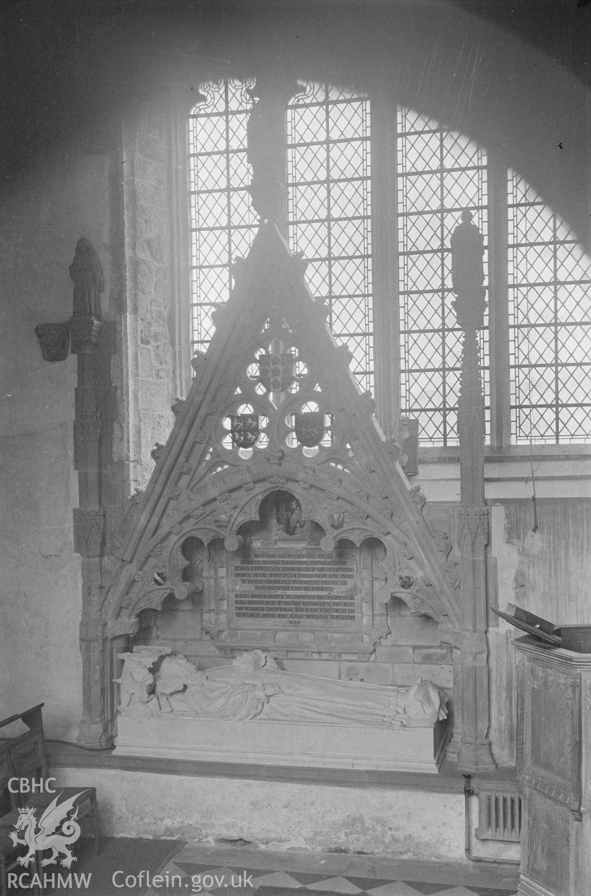 Black and white nitrate negative showing the tomb of B.P. Owen at St David's Cathedral.
