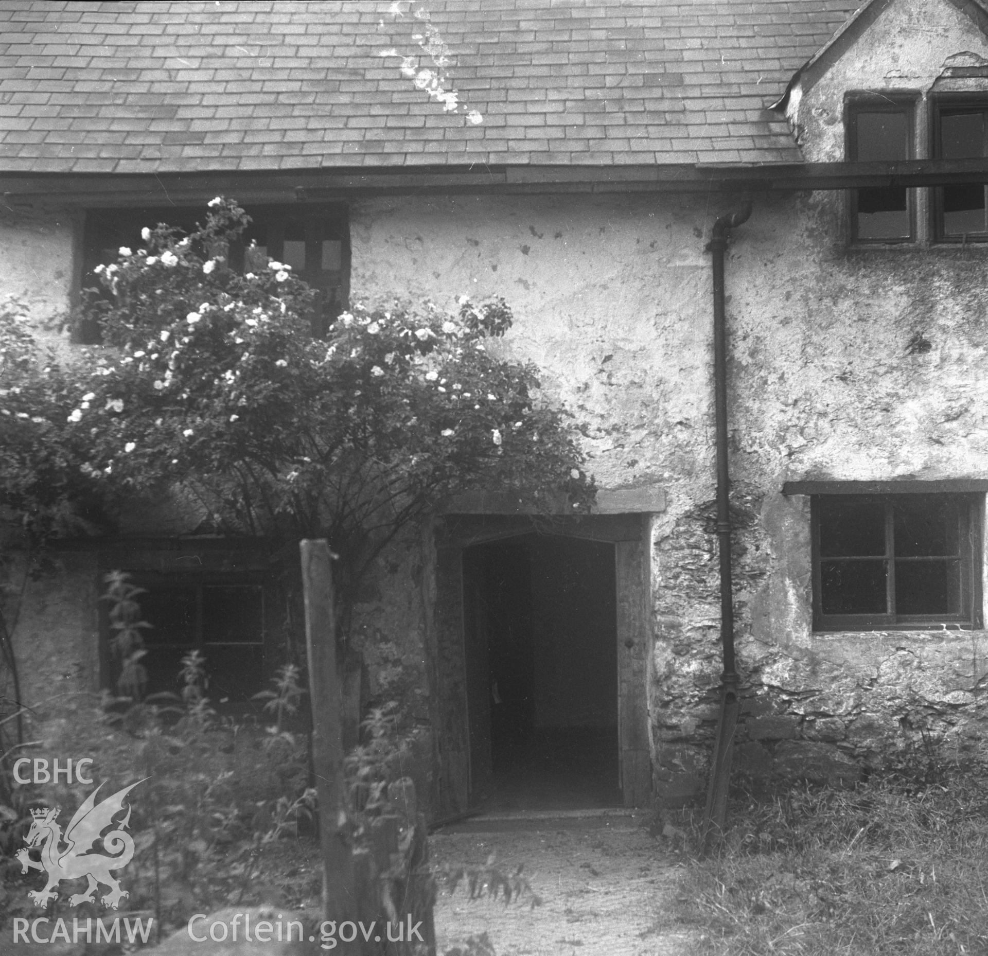 Black and white nitrate negative showing exterior view of front entrance, Brithdir Mawr, Flintshire.