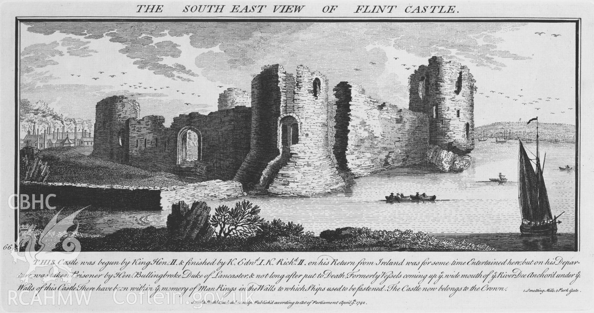 Black and white photograph relating to Flint Castle: copy of an engraving, entitled 'The South East View of Flint Castle', from Buck's Antiquities.