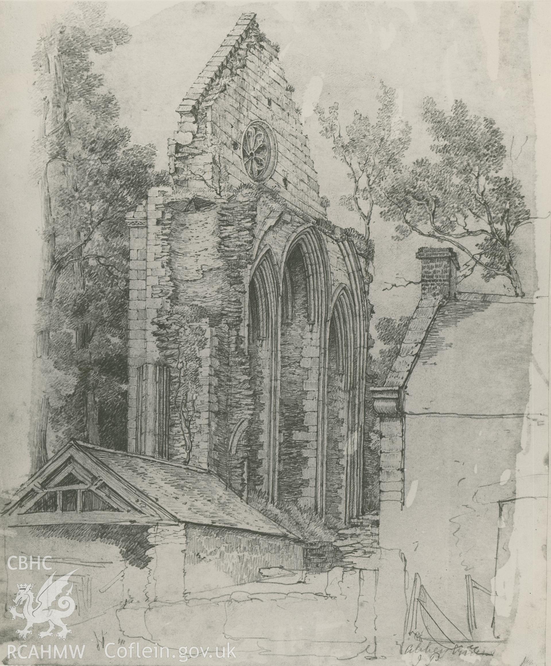 Photographic print by Macbeth of a pencil sketch showing gable at Valle Crucis Abbey.