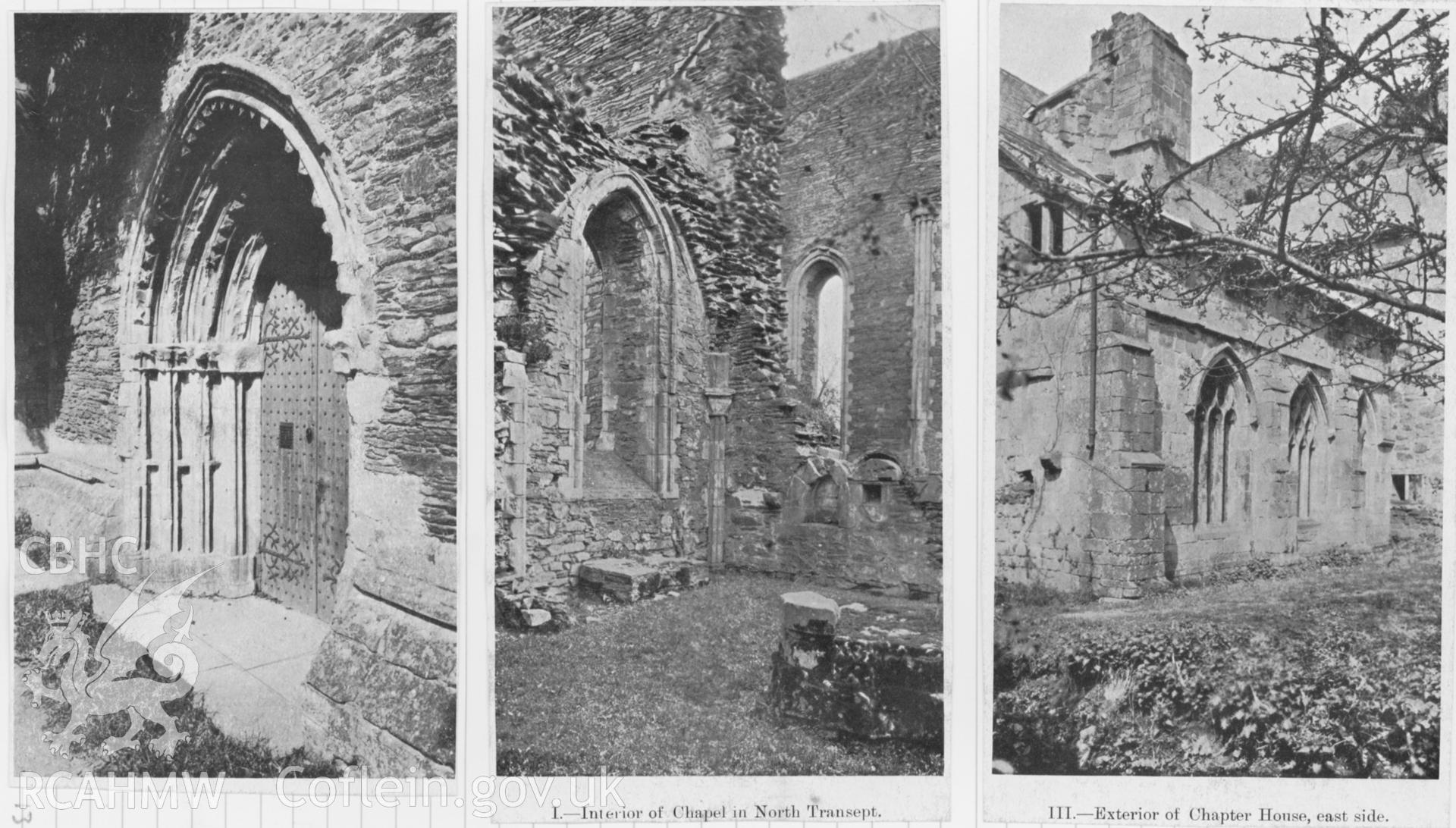 Copy of an illustration showing 3 views of Valle Crucis Abbey.