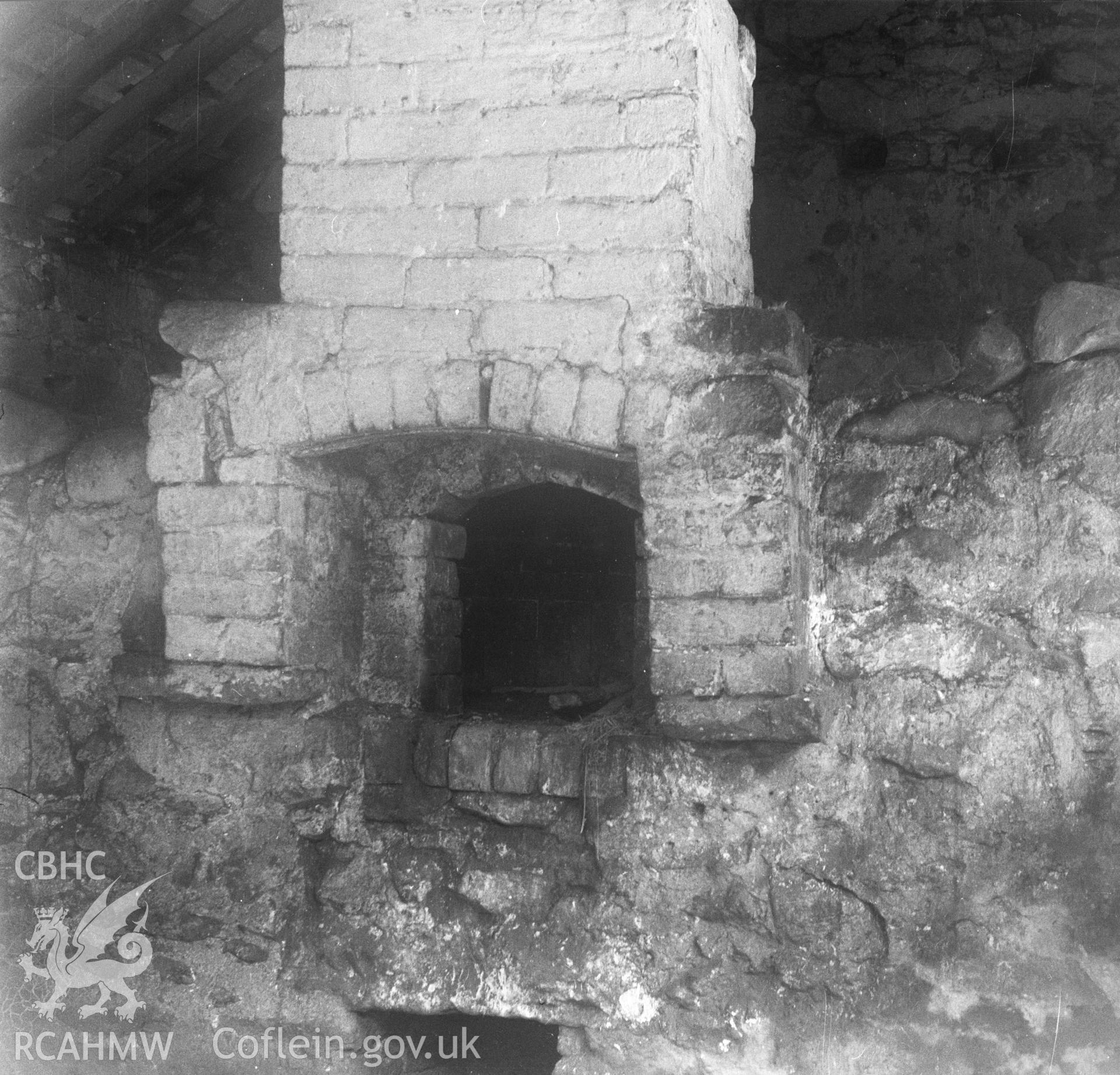 Black and white acetate negative showing interior detail of fireplace, Brithdir-Mawr, Cilcain.