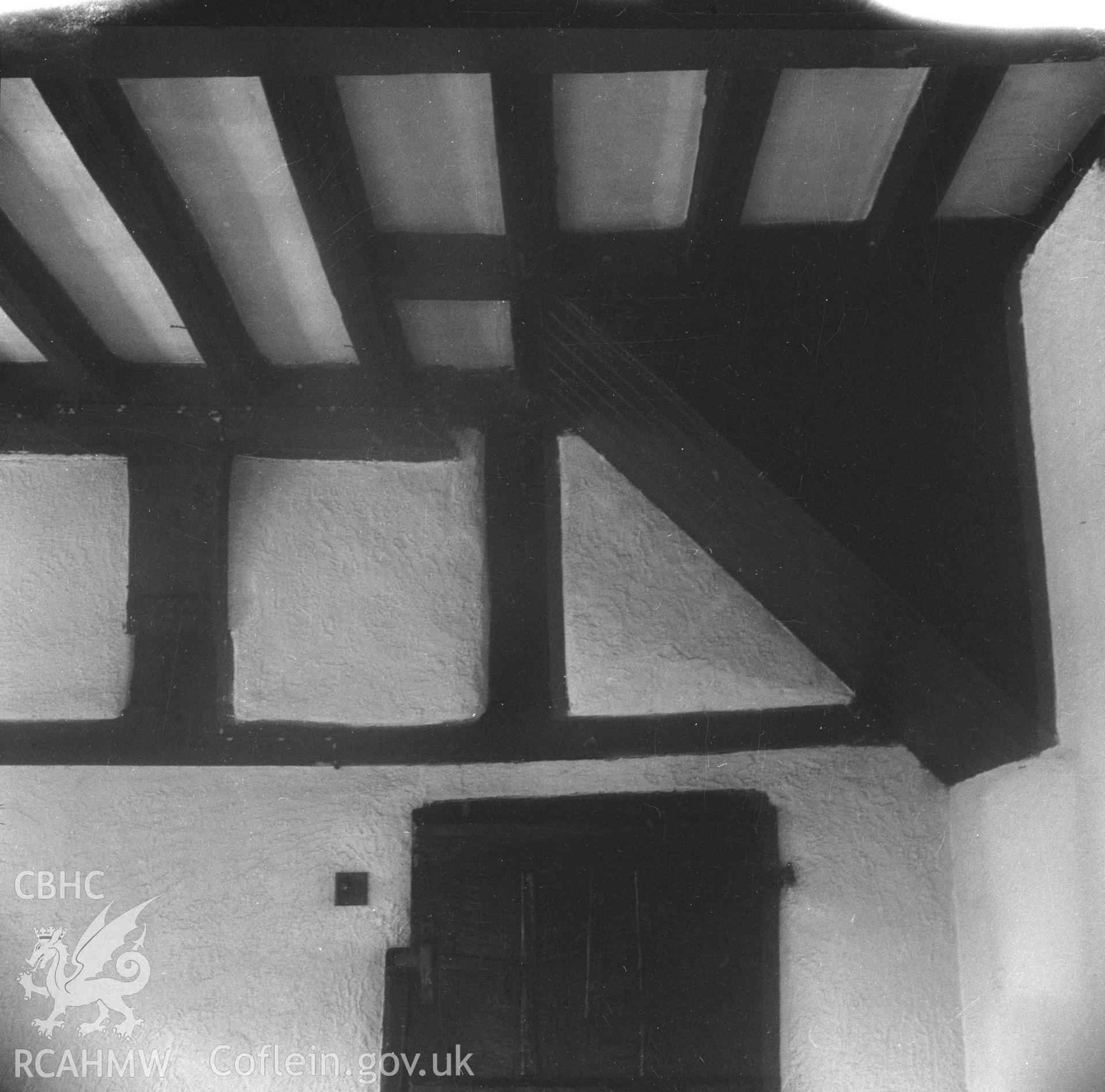 Black and white acetate negative showing interior detail of ceiling joists and beams, Brithdir-Mawr, Cilcain.