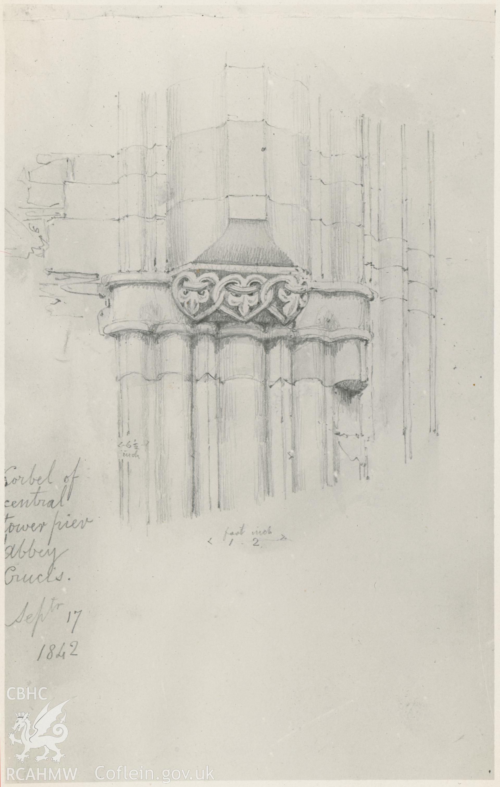Photograph by Macbeth of an early sketch showing detail of corbel at Valle Crucis Abbey.