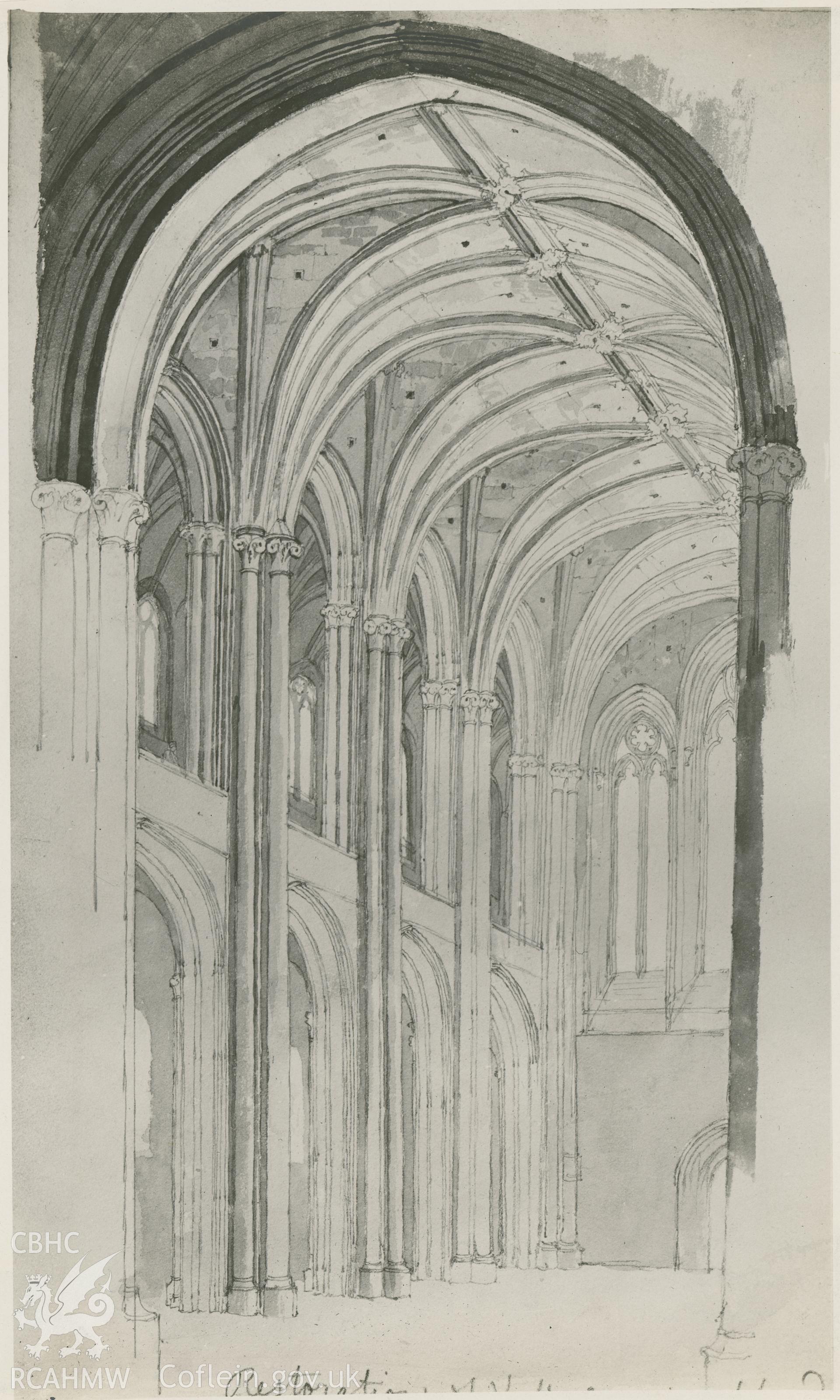 Photographic print by Macbeth of a pencil sketch showing restoration of nave.
