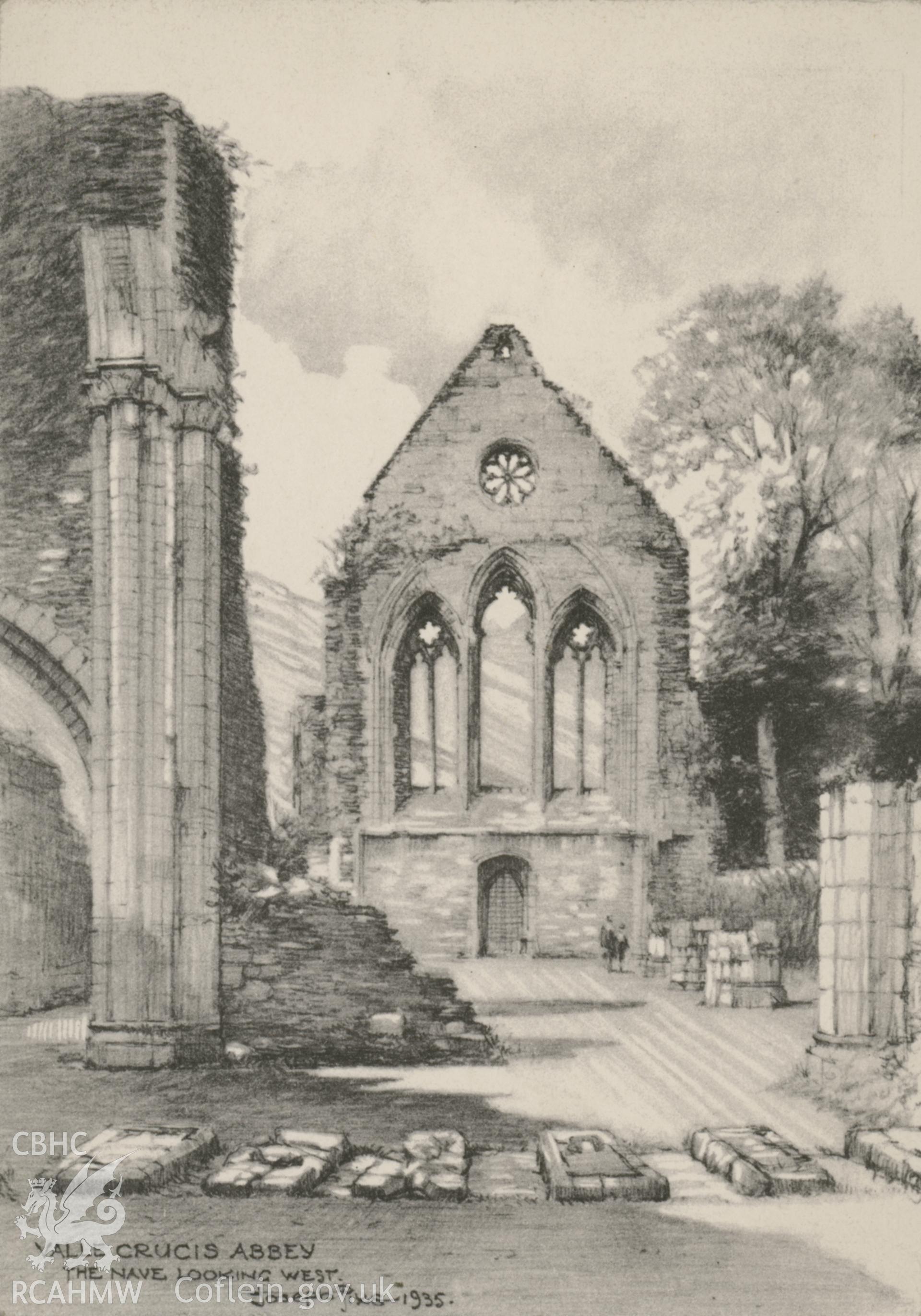 Postcard view of an early sketch of Valle Crucis Abbey.