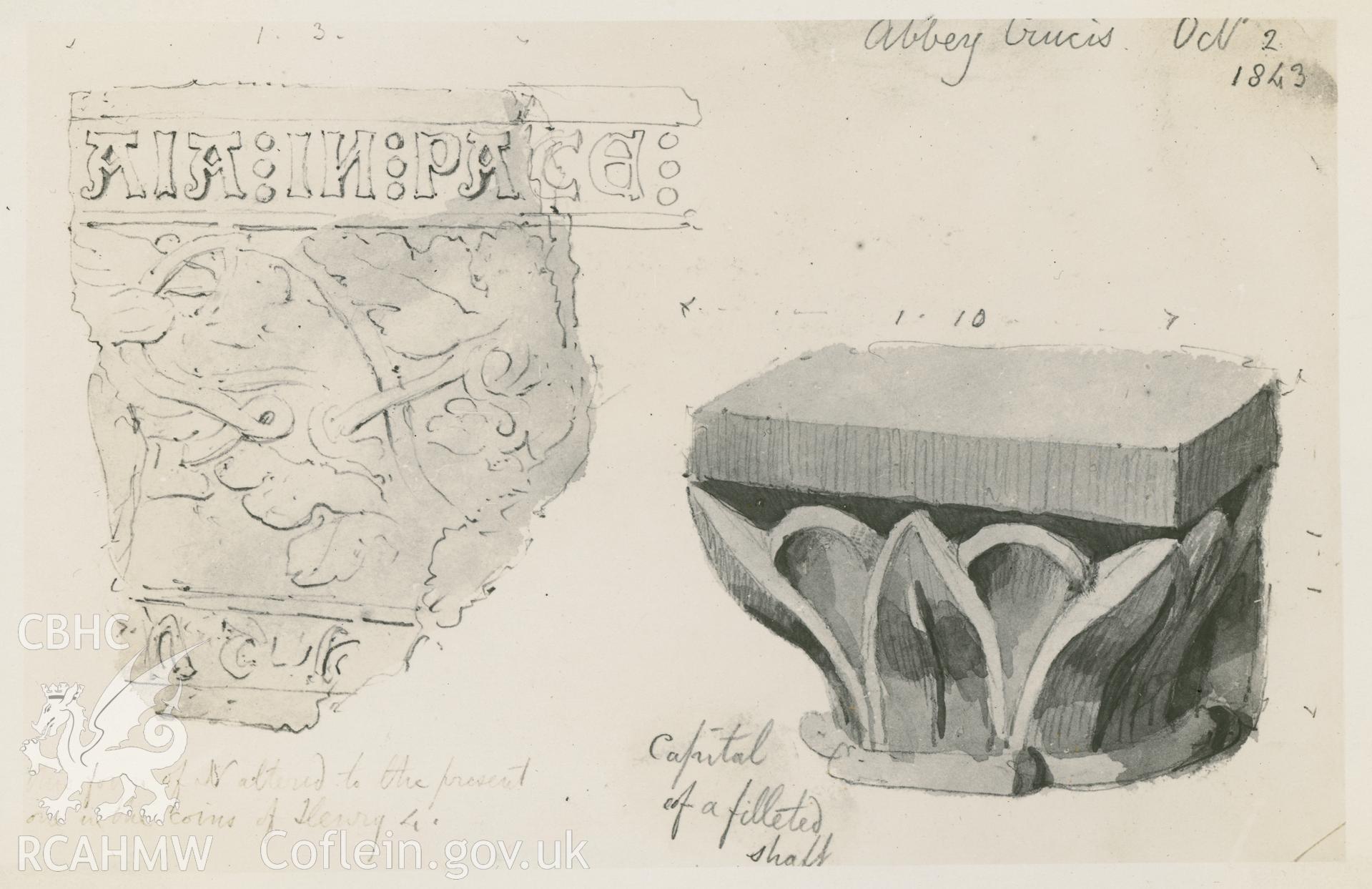Photograph by Macbeth of an early pencil sketch showing detail of capital at Valle Crucis Abbey.