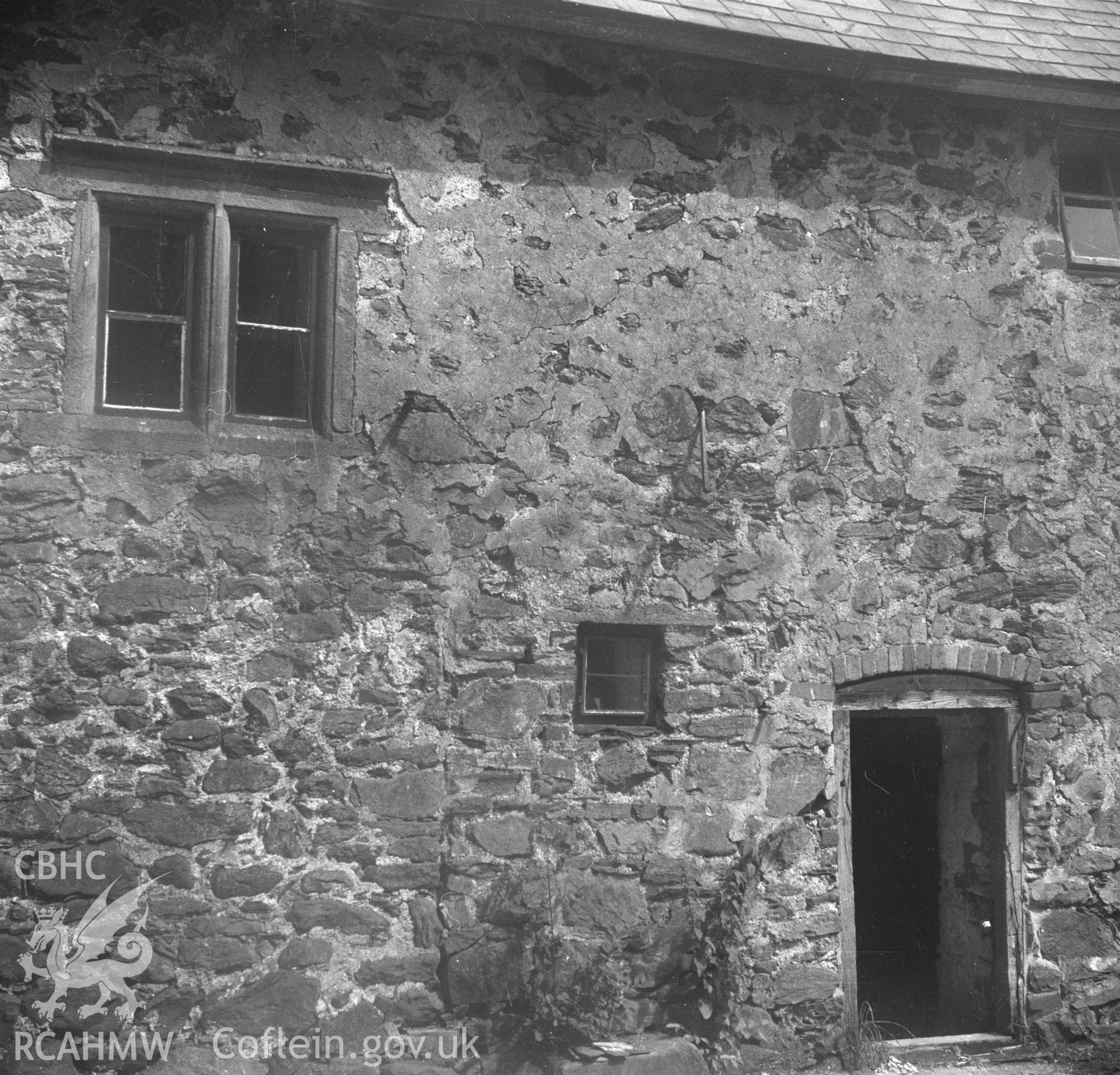 Black and white acetate negative showing exterior stone wall detail, Brithdir-Mawr, Cilcain.