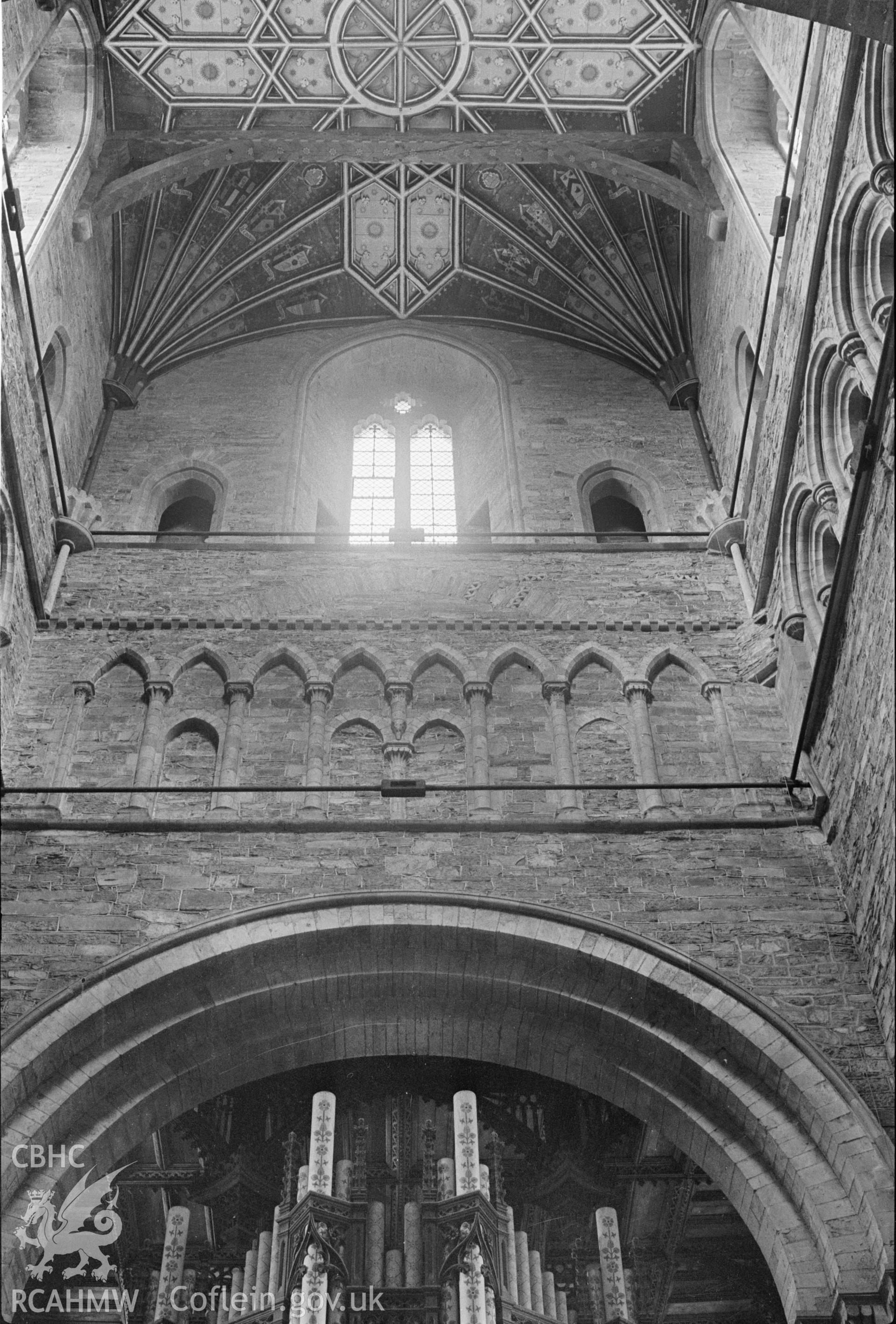 Black and white nitrate negative showing interior view of St David's Cathedral.