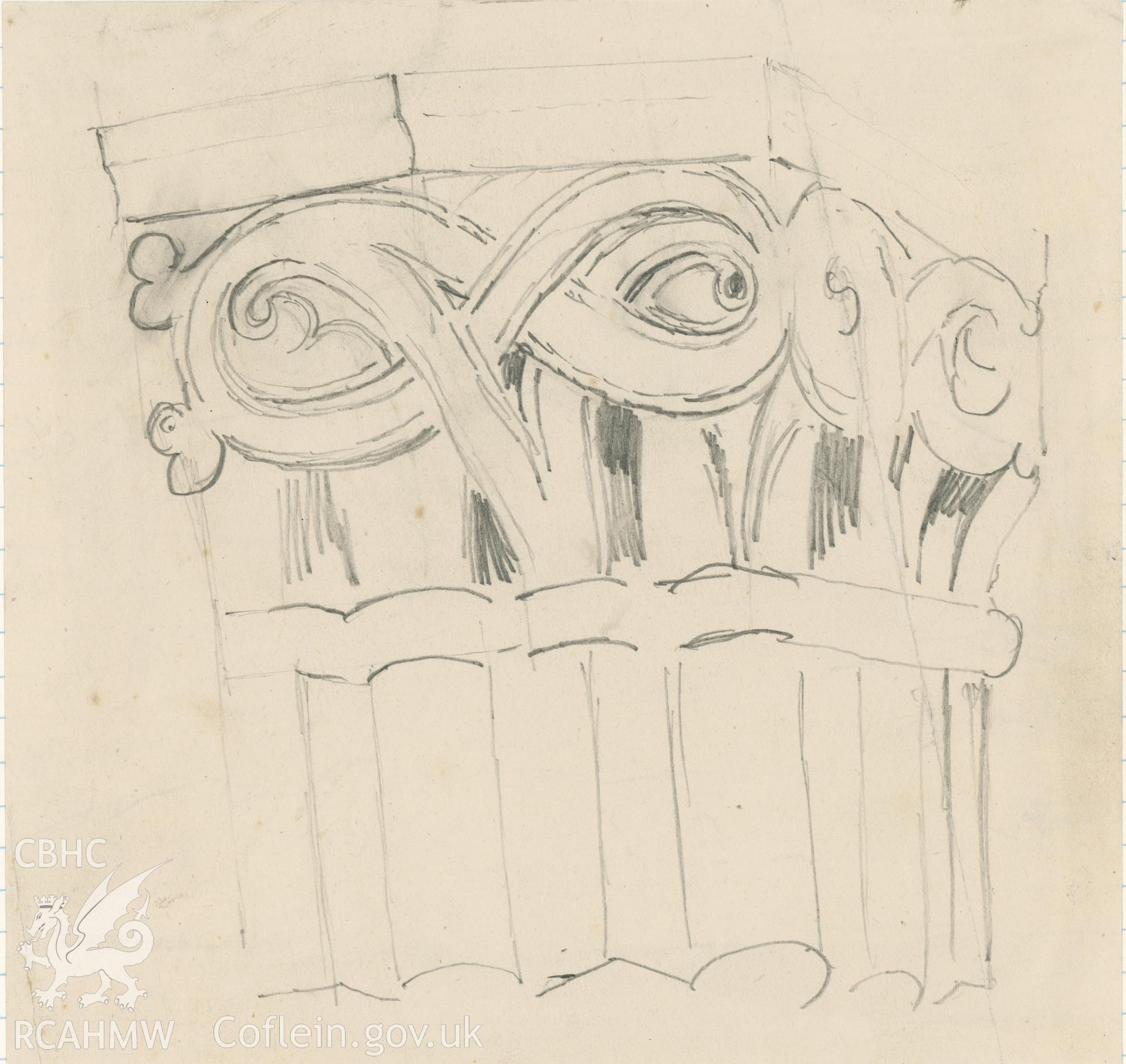 Pencil sketch showing detail of pillars at Valle Crucis Abbey.
