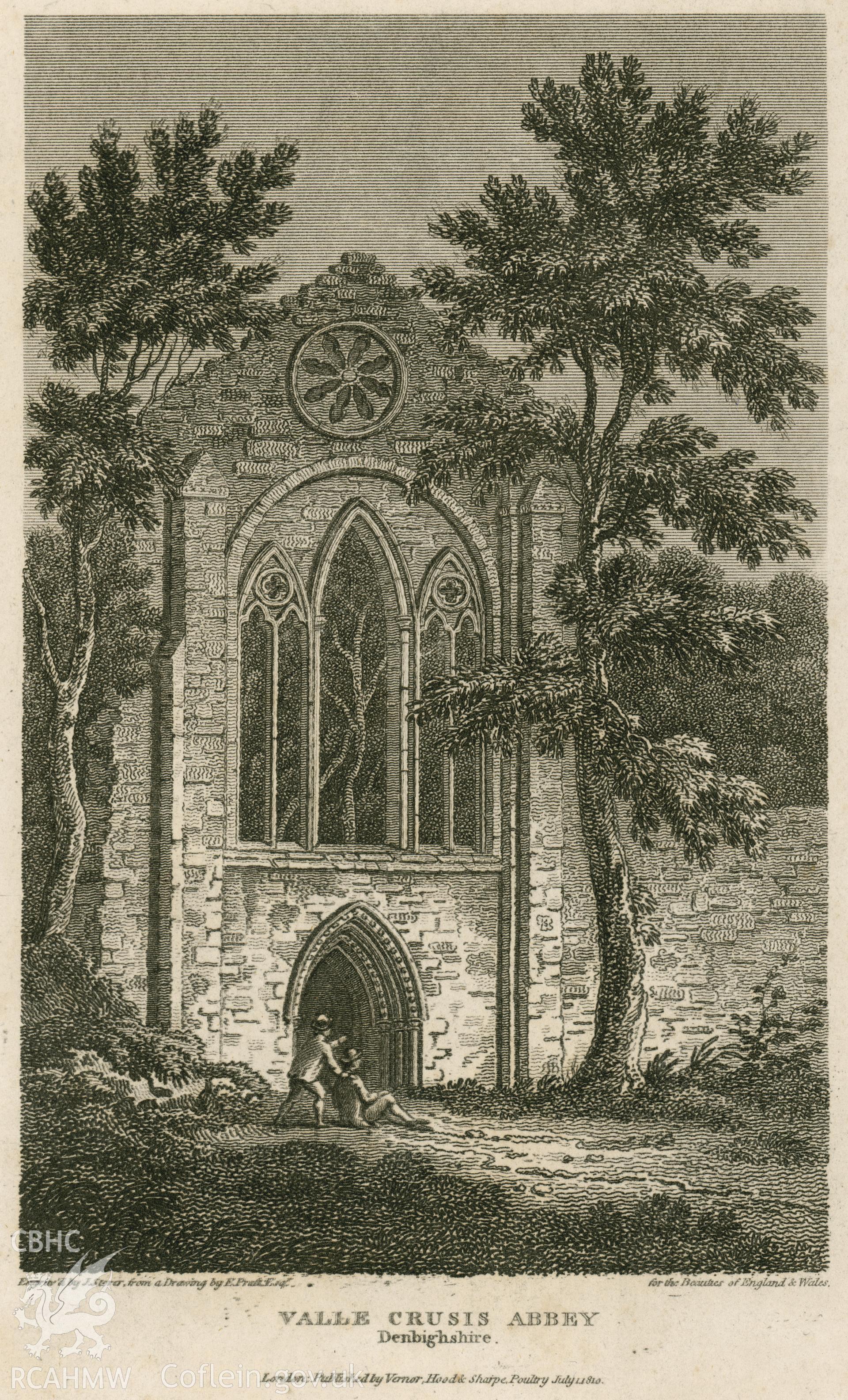 A black and white copy of a drawing showing Valle Crucis Abbey, near Llangollen.