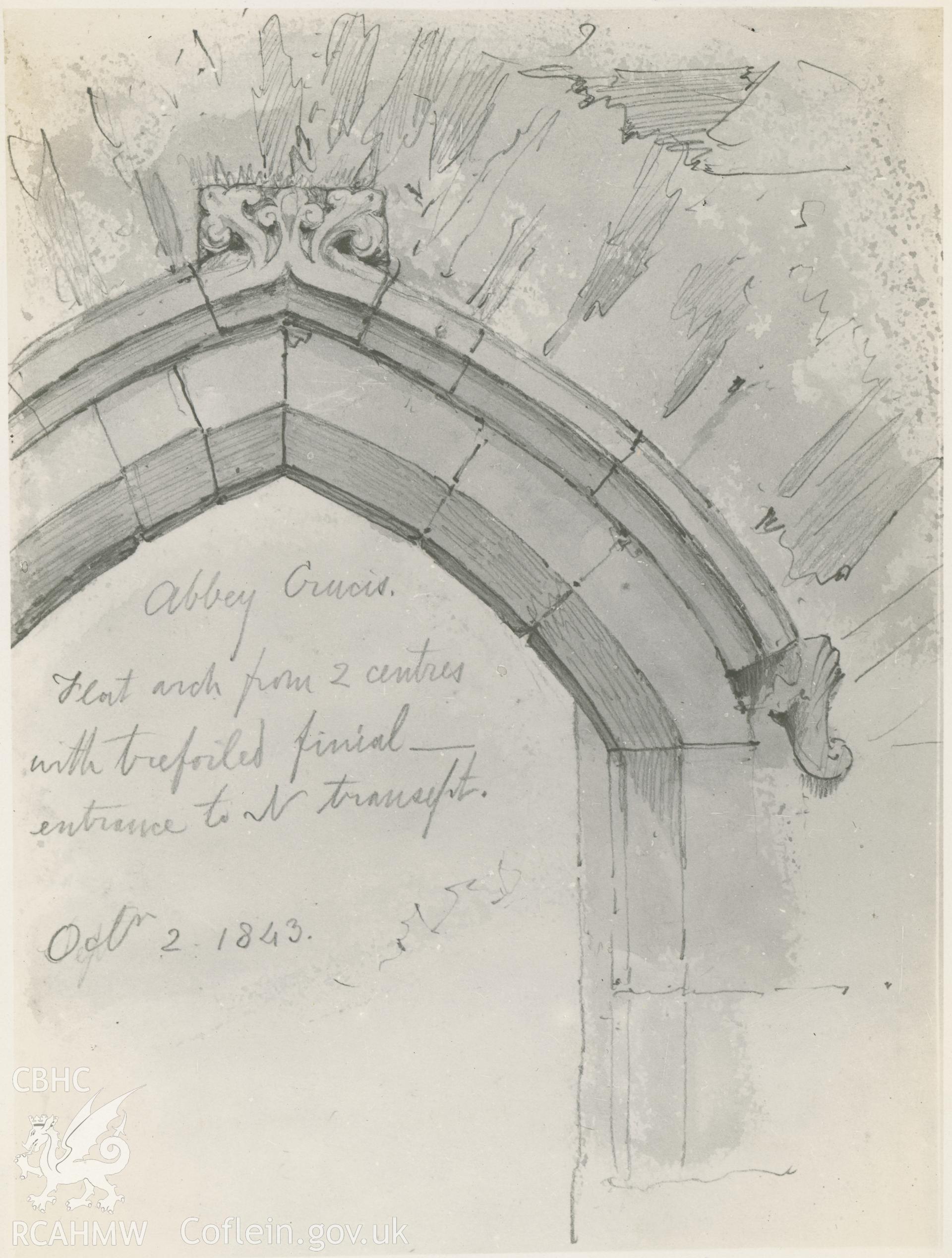 Photograph by Macbeth of an early pencil sketch showing detail of arch at Valle Crucis Abbey.