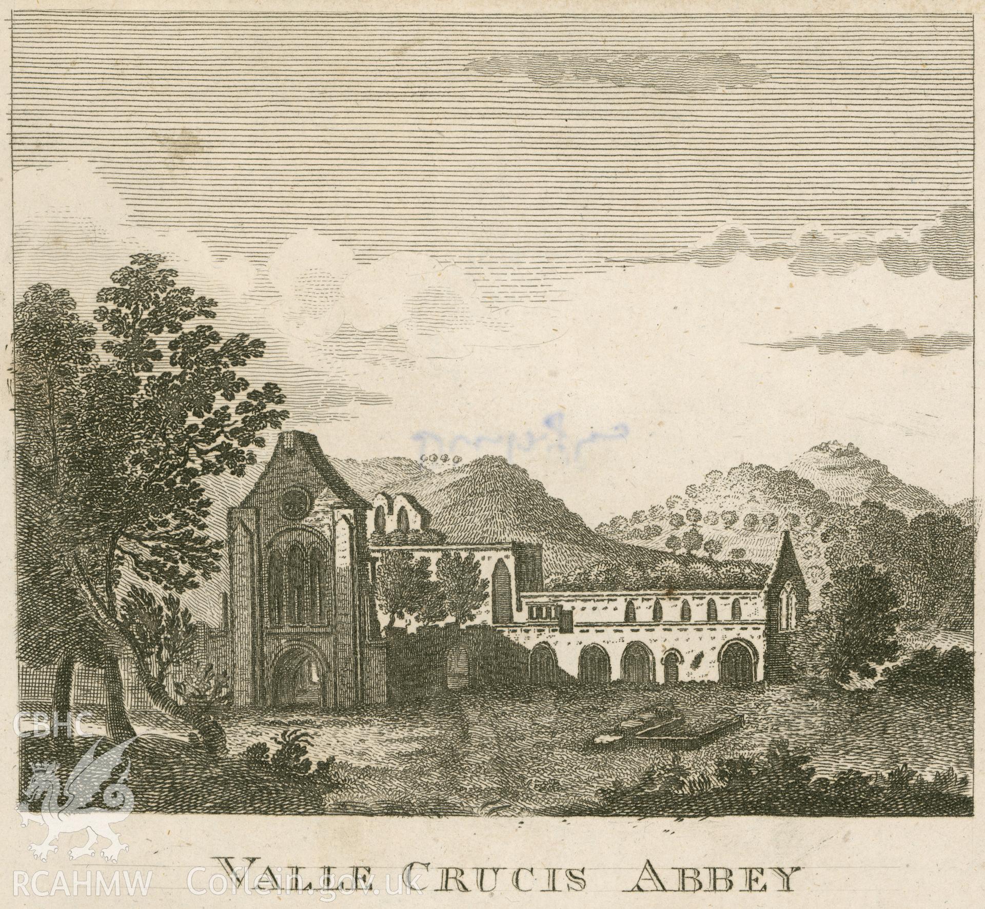 Engraving by showing Valle Crucis Abbey.