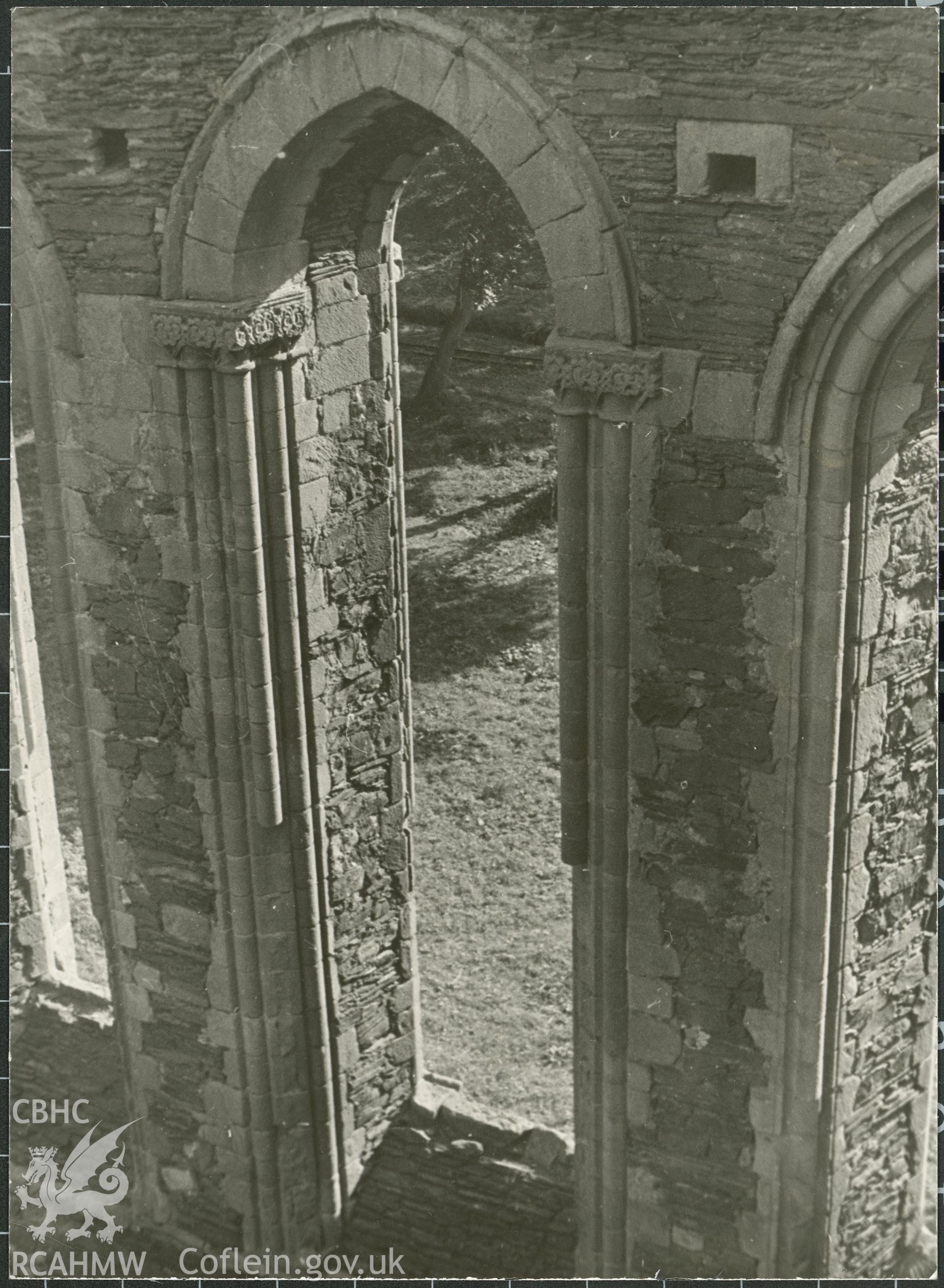 A black and white print showing detail of Valle Crucis Abbey, near Llangollen. No negative