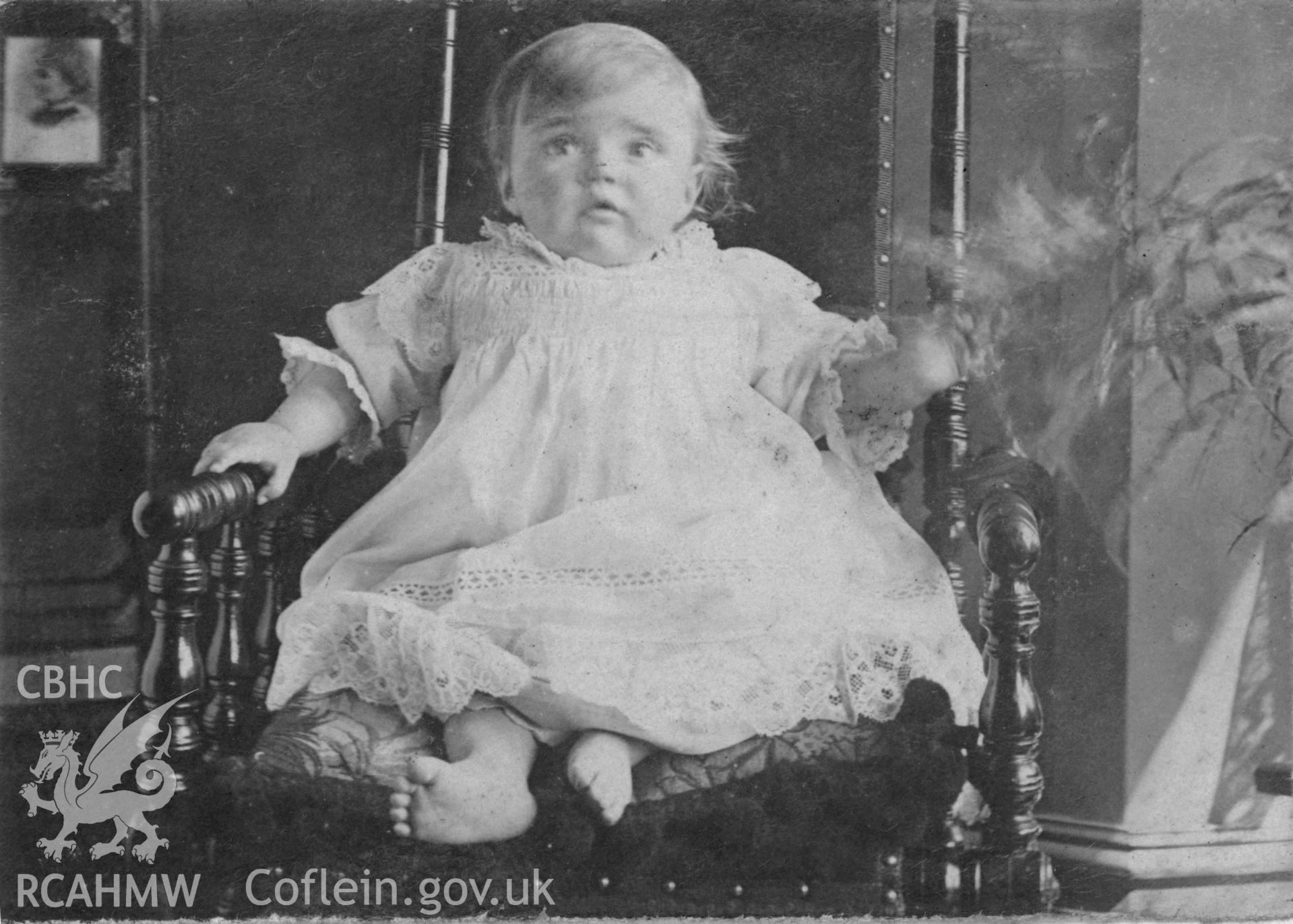 "GMS 1905". Portrait of a baby, digitised from a photograph album showing views of Aberystwyth and District, produced by David John Saer, school teacher of Aberystwyth. Loaned for copying by Dr Alan Chamberlain.