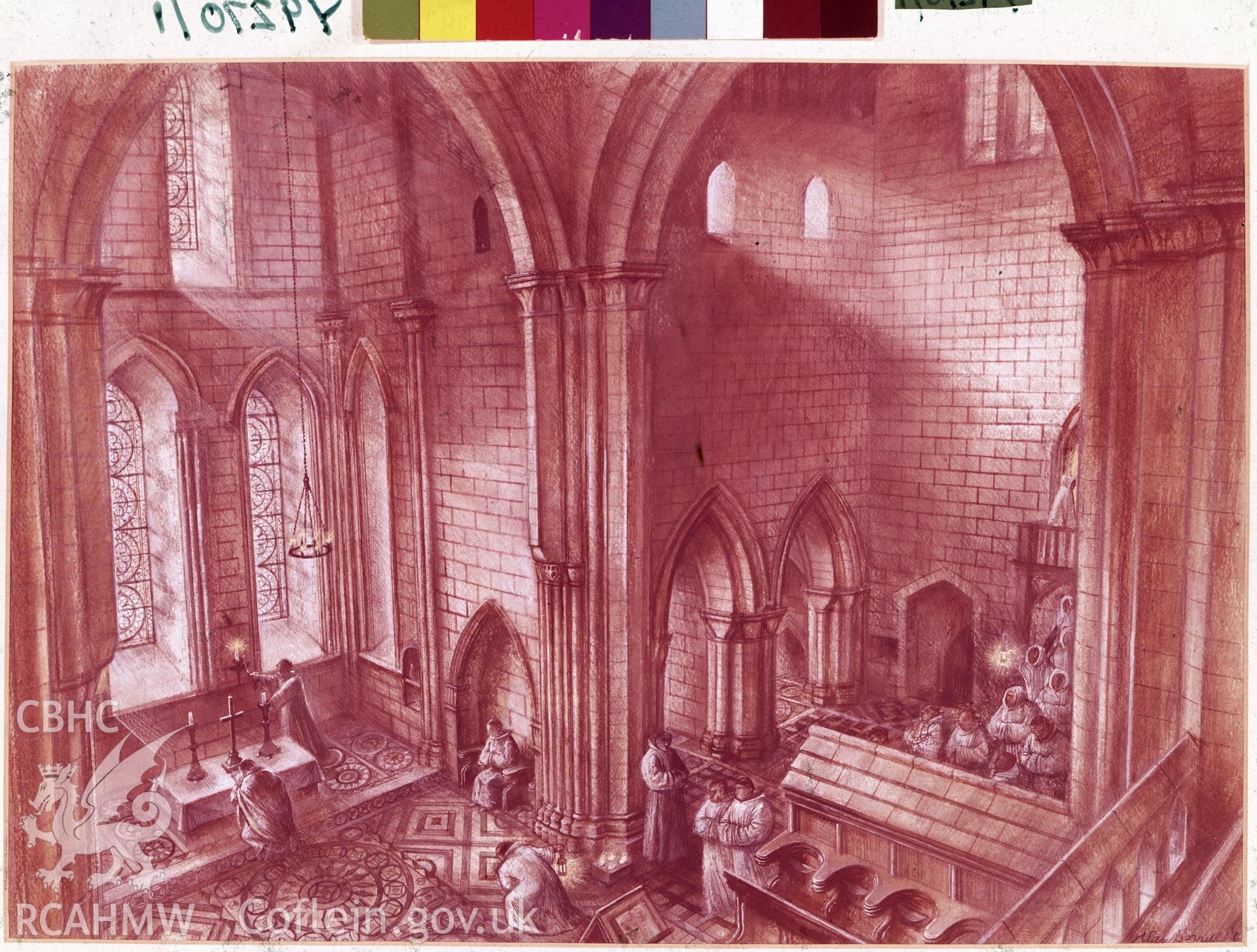 A colour negative image of an Alan Sorrell reconstruction drawing of Valle Crucis Abbey.
