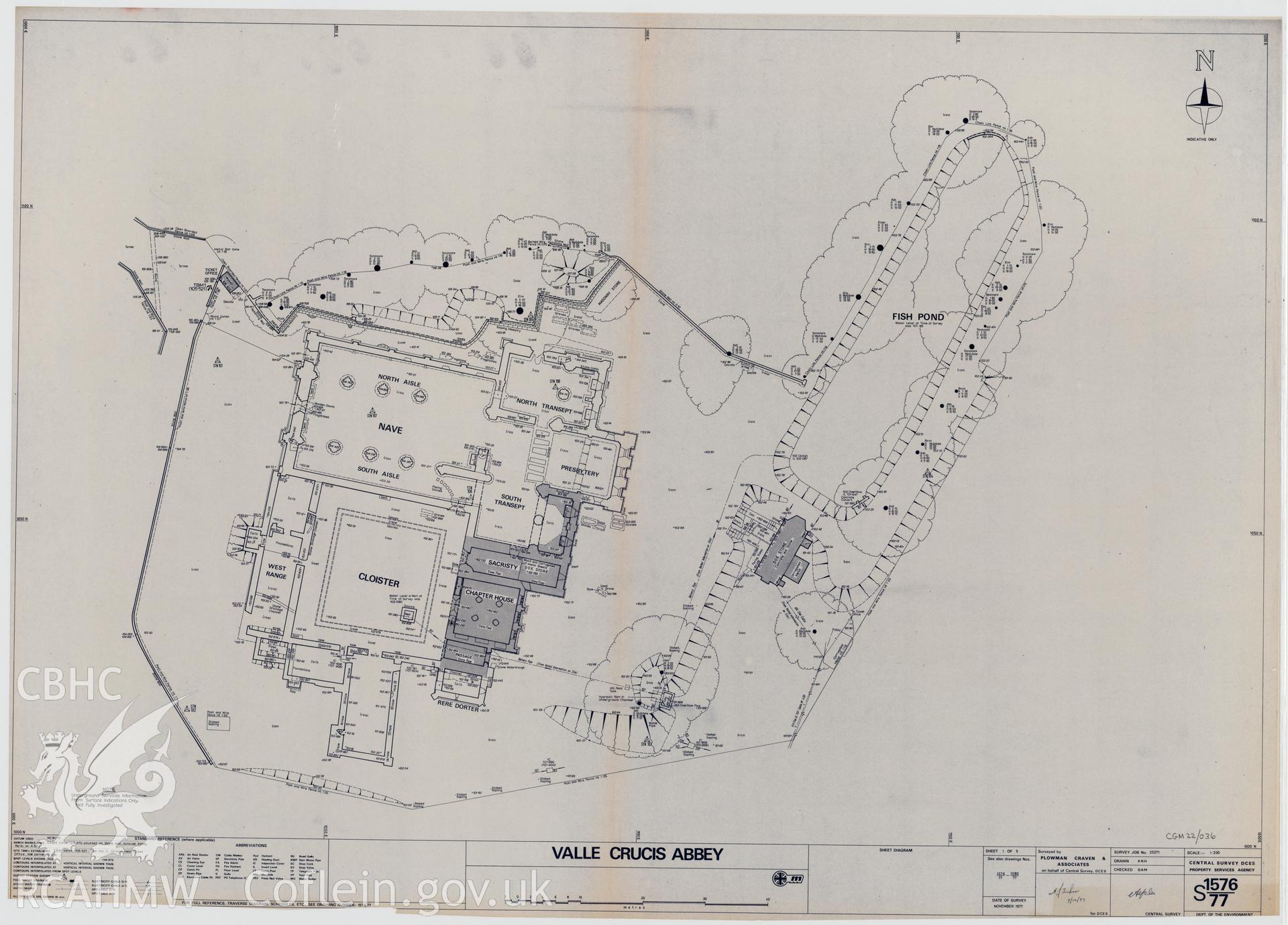 Cadw guardianship monument,  drawing (1 of 5) of ground plan showing services (scale 1:200), of Valle Crucis Abbey, dated December 1977.