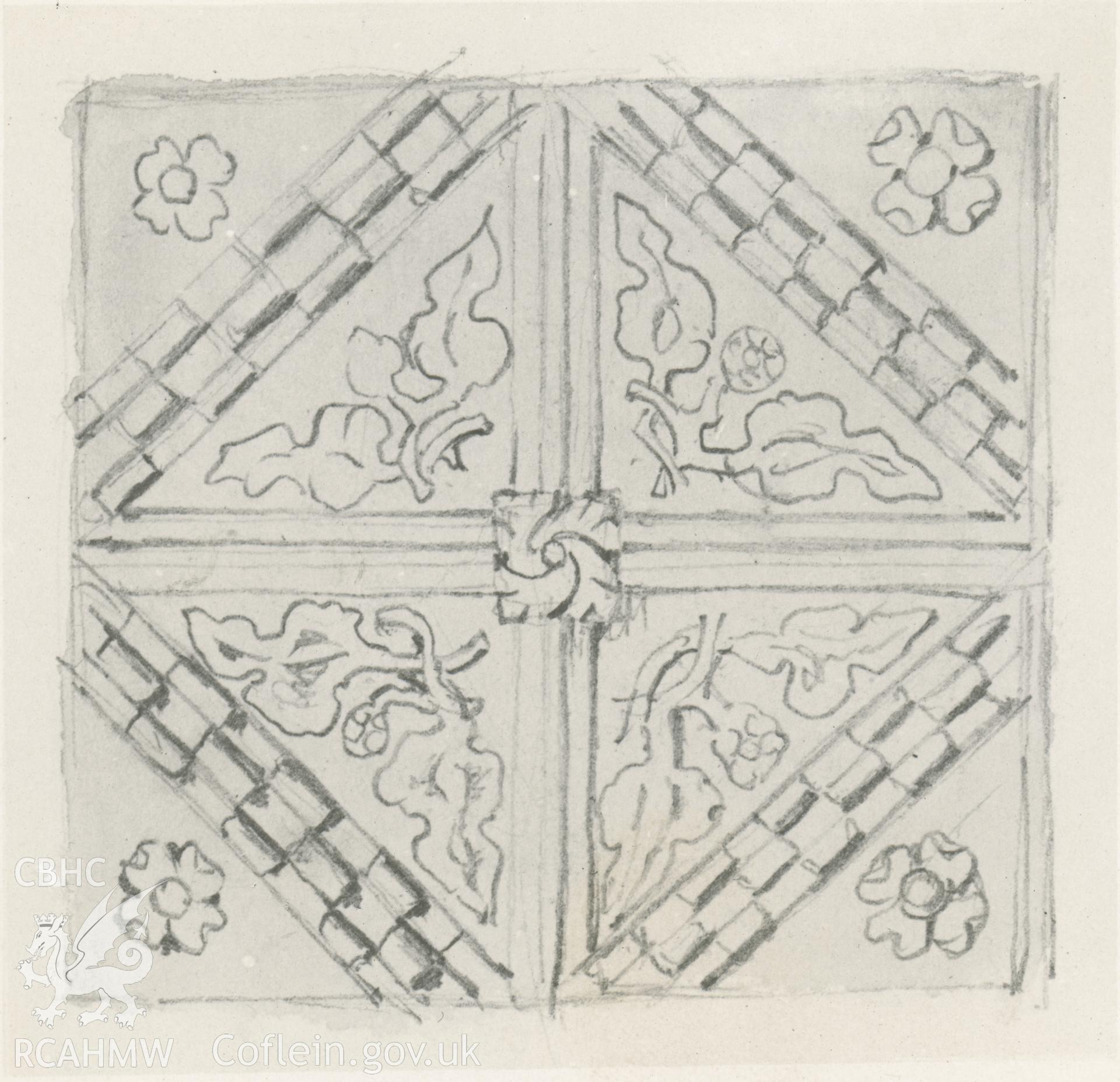 Photograp by Macbeth of an early pencil sketch showing tile from Valle Crucis Abbey.