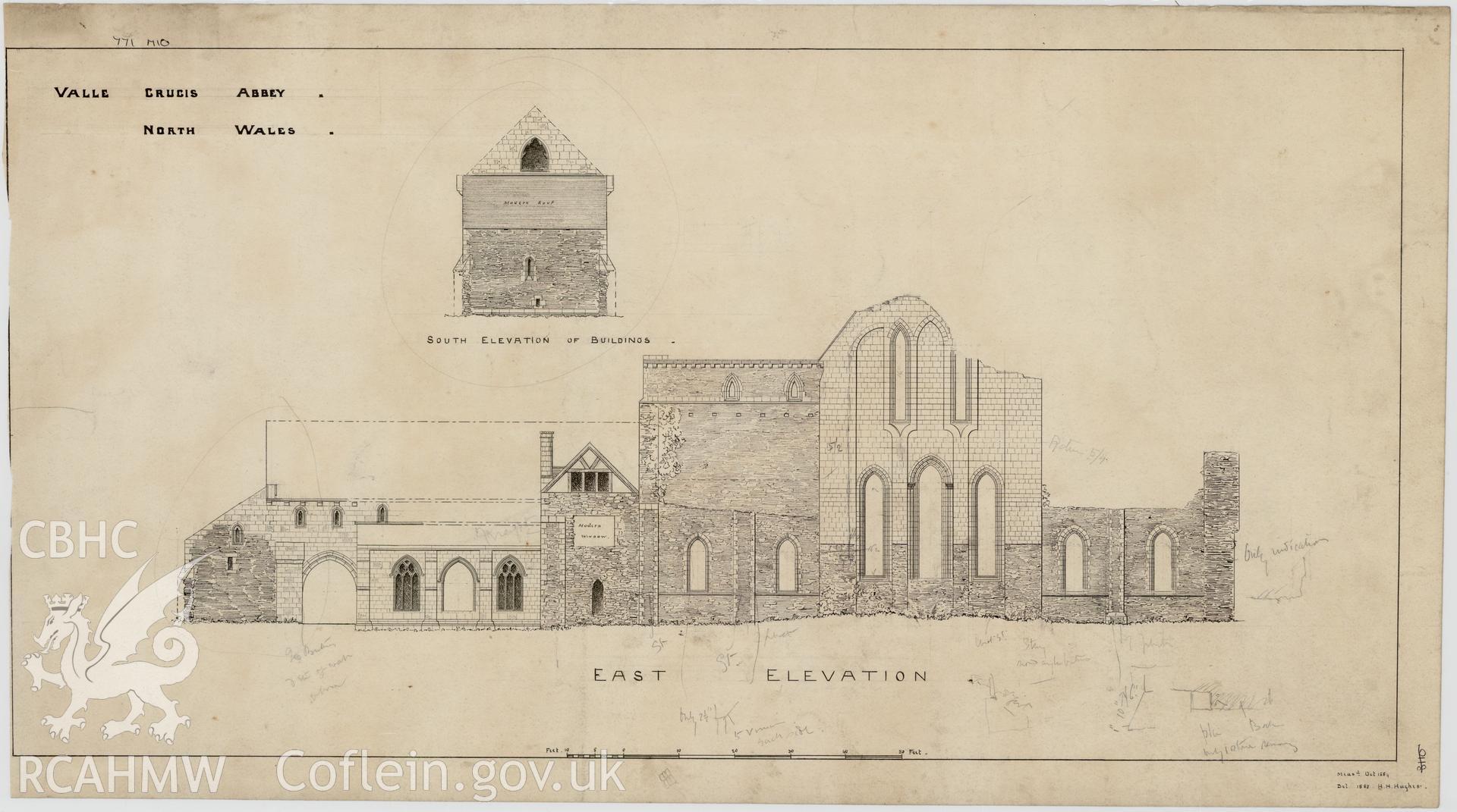 Non RCAHMW drawing by Harold Hughes showing east elevation of Valle Crucis Abbey.