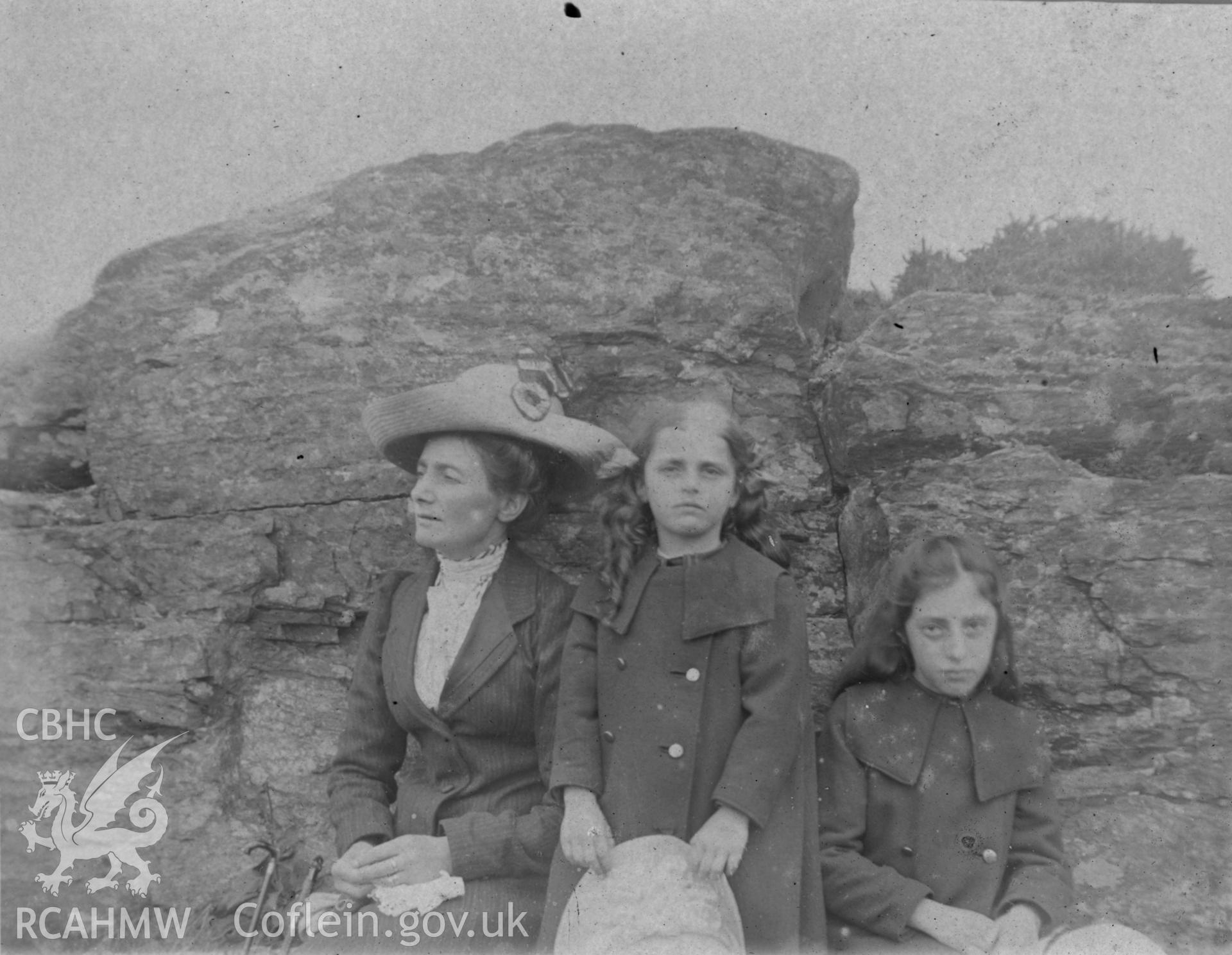 'At Ystrad Meurig 1912'  portrait of three female figures. Digitised from a photograph album showing views of Aberystwyth and District, produced by David John Saer, school teacher of Aberystwyth. Loaned for copying by Dr Alan Chamberlain.