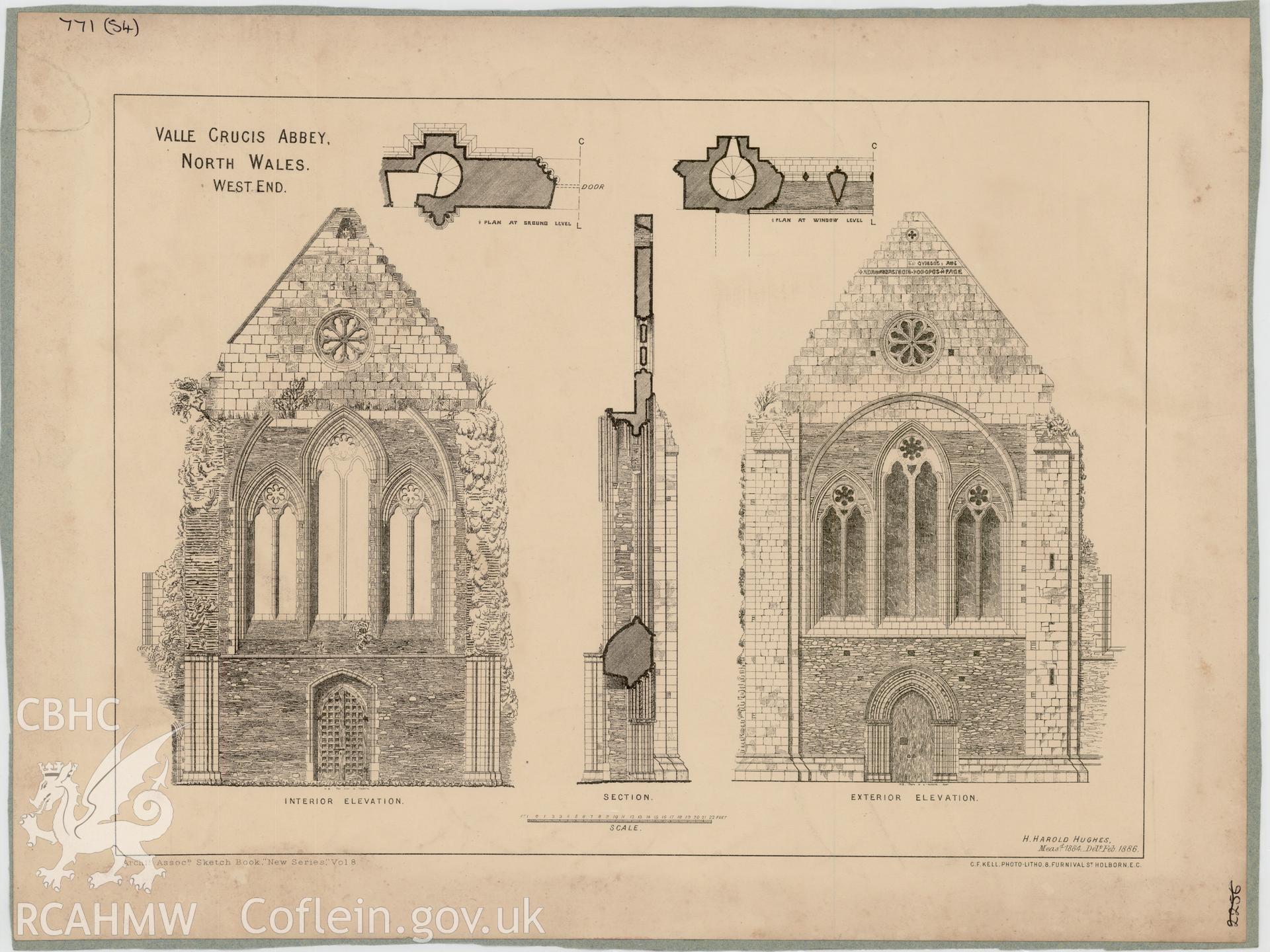 Non RCAHMW drawing by Harold Hughes showing west end elevation of Valle Crucis Abbey.