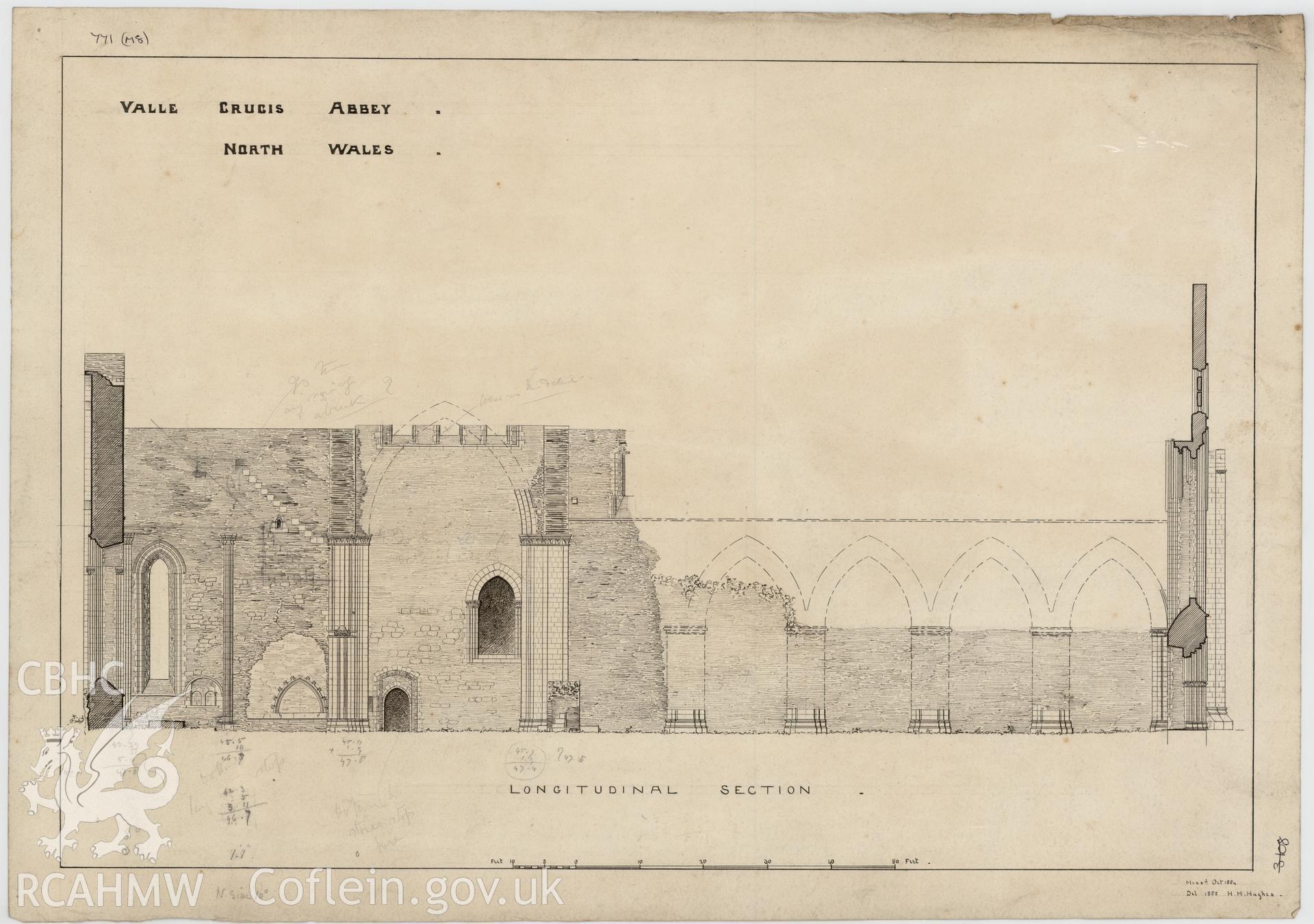 Non RCAHMW drawing by Harold Hughes showing section of Valle Crucis Abbey.