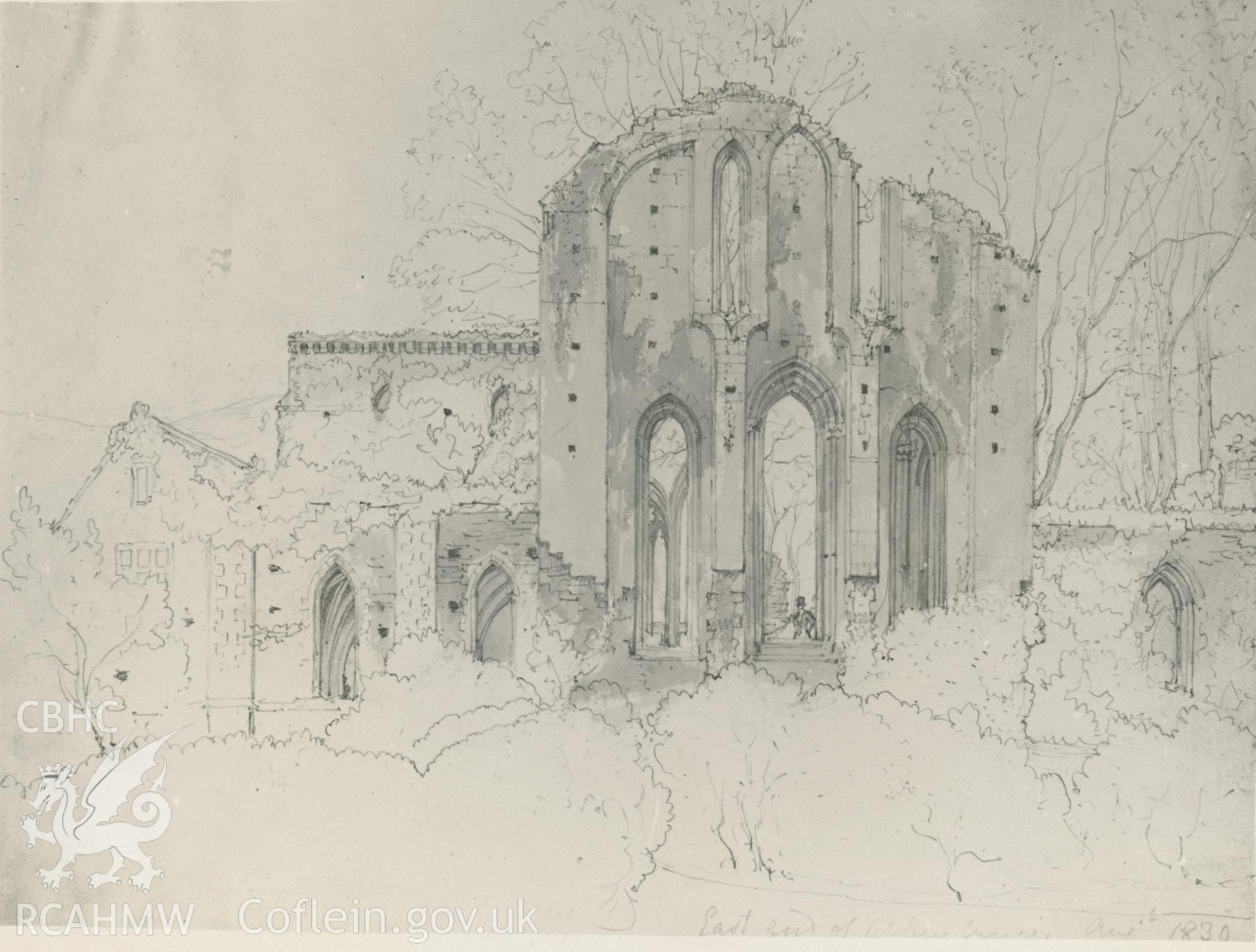 Photograph by Macbeth of an early pencil sketch showing view of Valle Crucis Abbey.