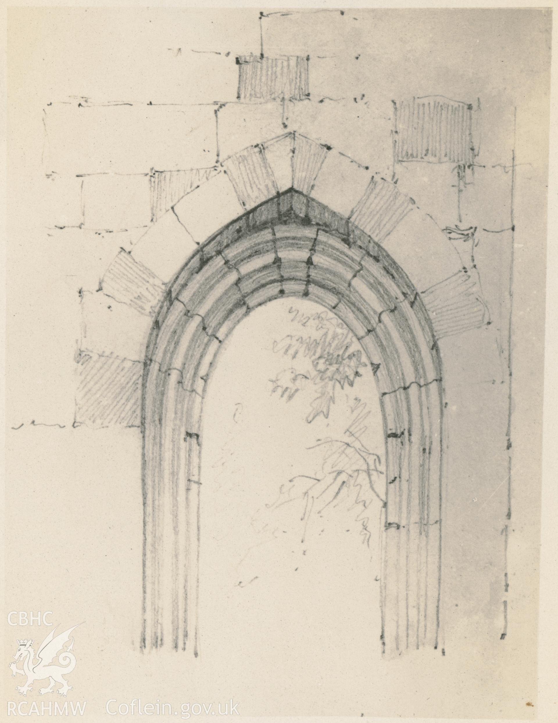 Photograph by Macbeth of an early pencil sketch showing archway at Valle Crucis Abbey.