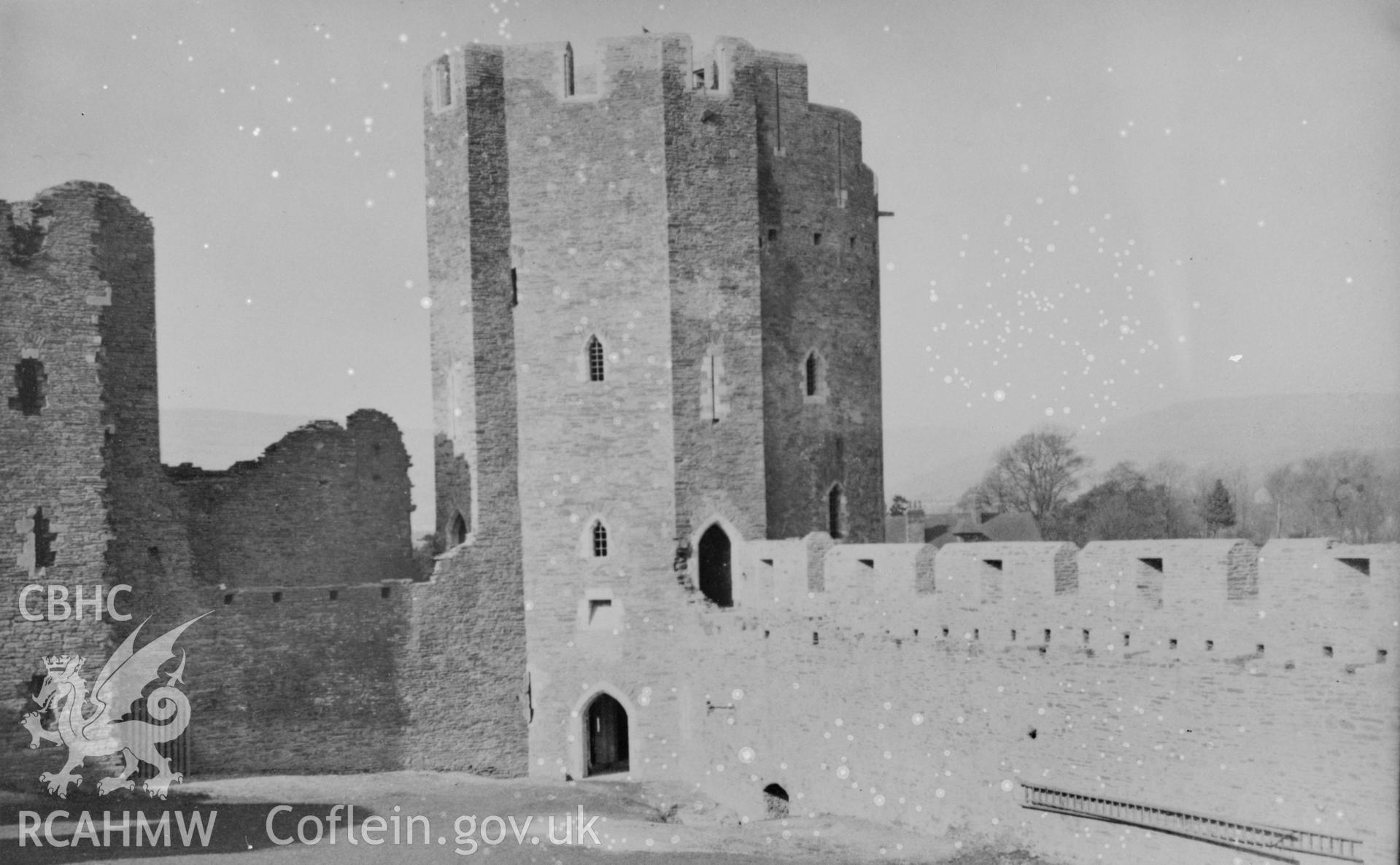 Black and white acetate negative showing Caerphilly Castle.
