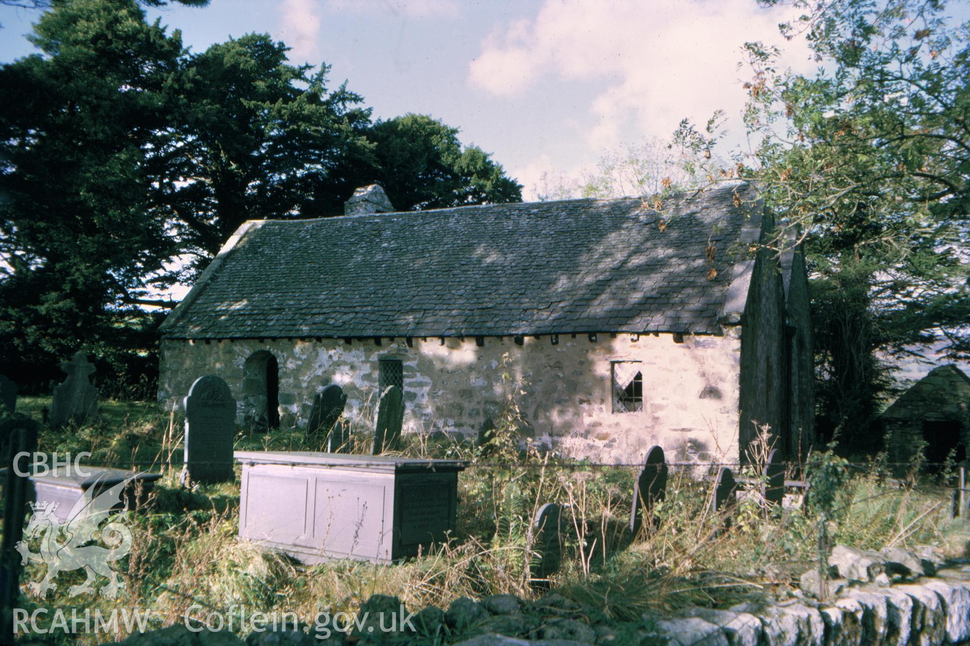 Colour slide showing the south side of Llanrhychwyn Church.