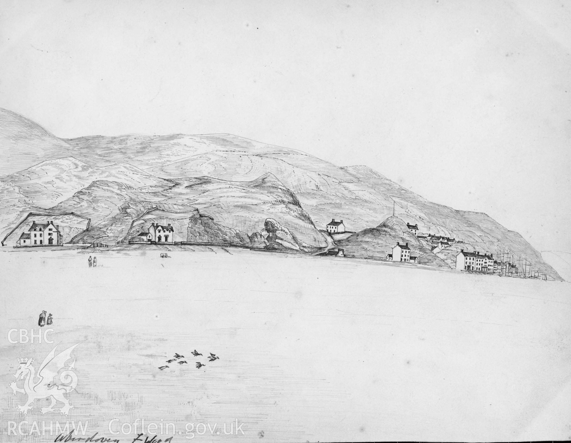 Digital copy of an ink sketch showing view of Aberdyfi, produced by F. Wood, c1840.