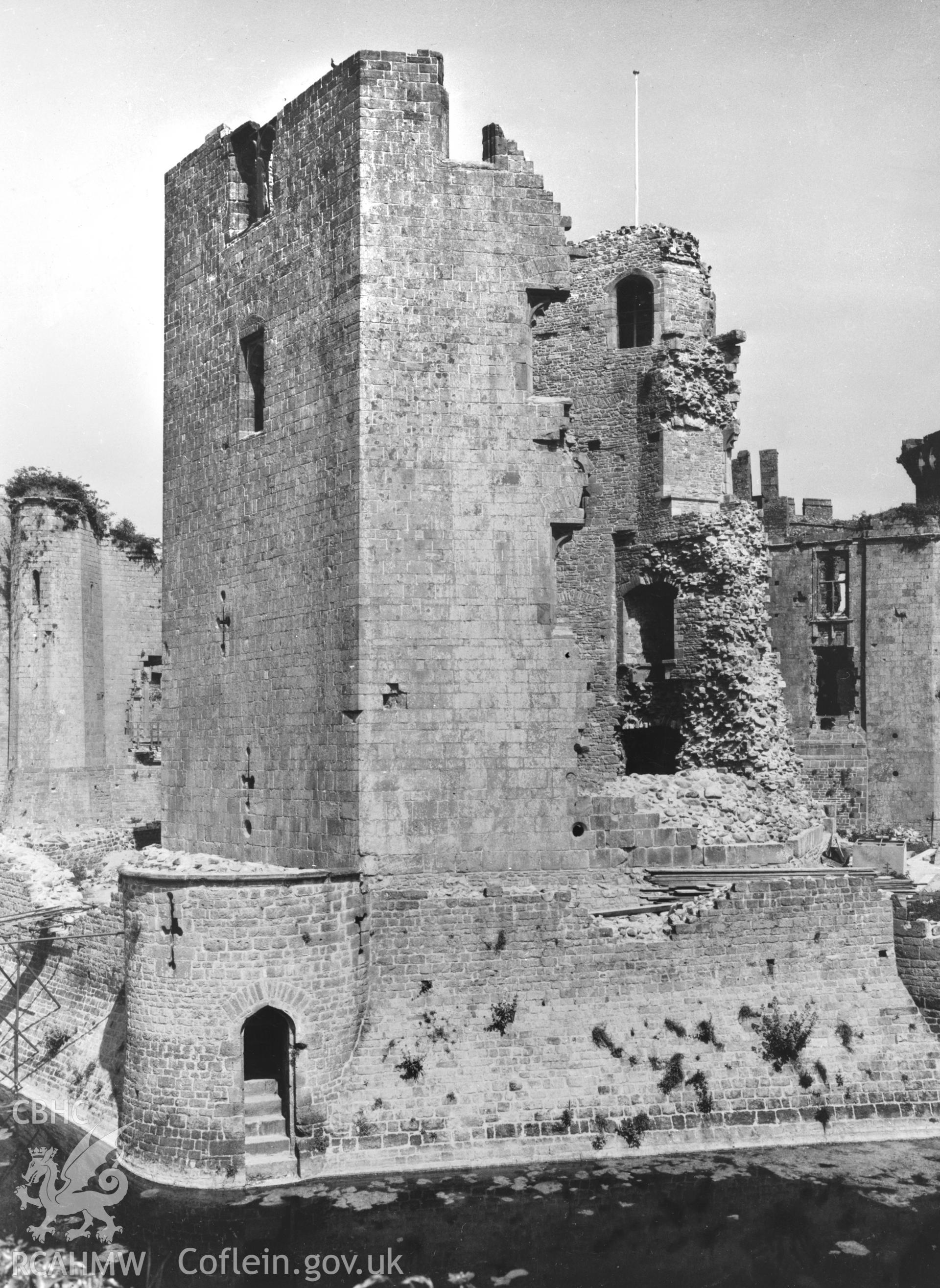 D.O.E photograph of Raglan Castle. All negs. damaged.  Prints to N.M.R.