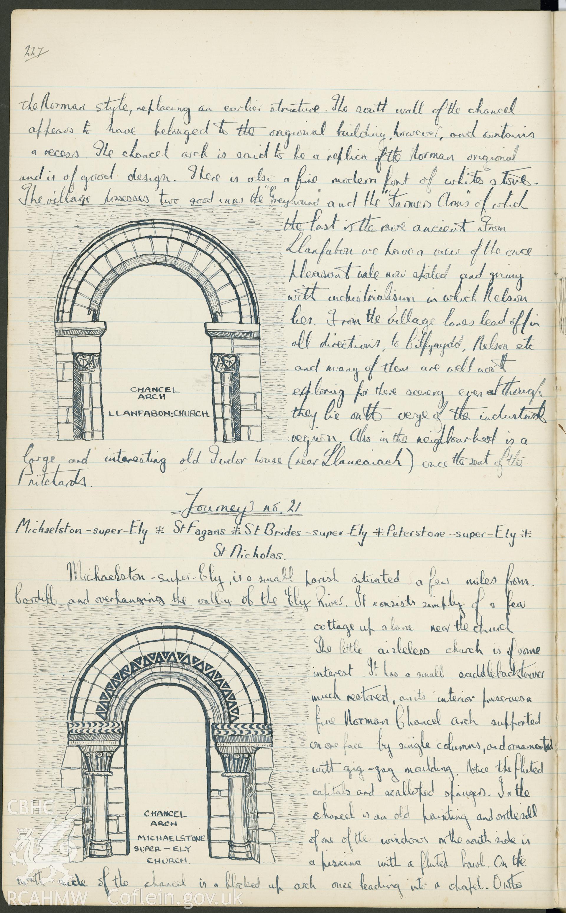 Page from a notebook featuring an illustration by R.E. Kay showing  chancel arches at Llanfabon Church and Michaelston Super Ely Church. As featured on p227 of R.E. Kay Notebook Series I, Vol II.