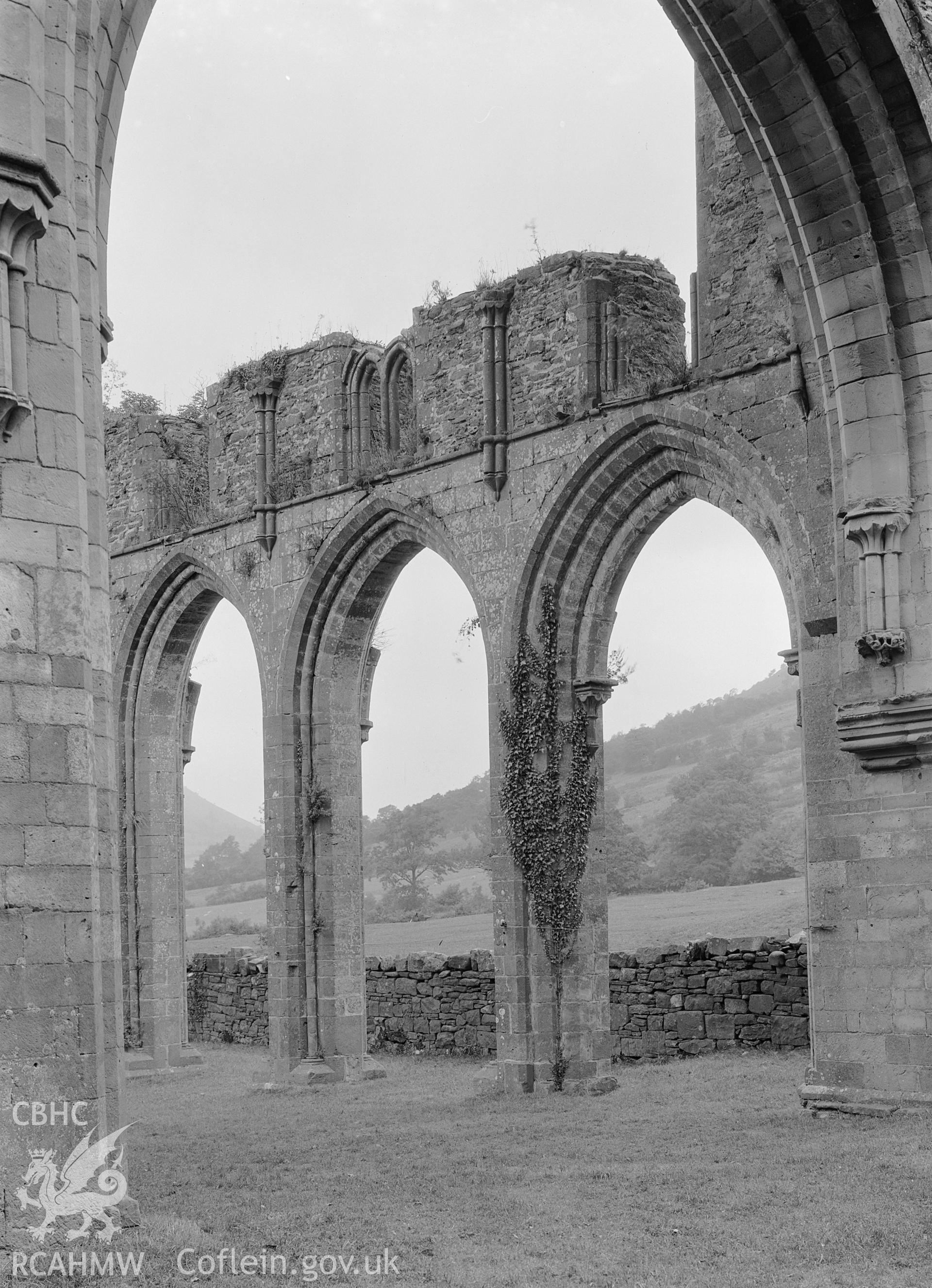 View of the arcade of the nave of Llanthony Abbey.