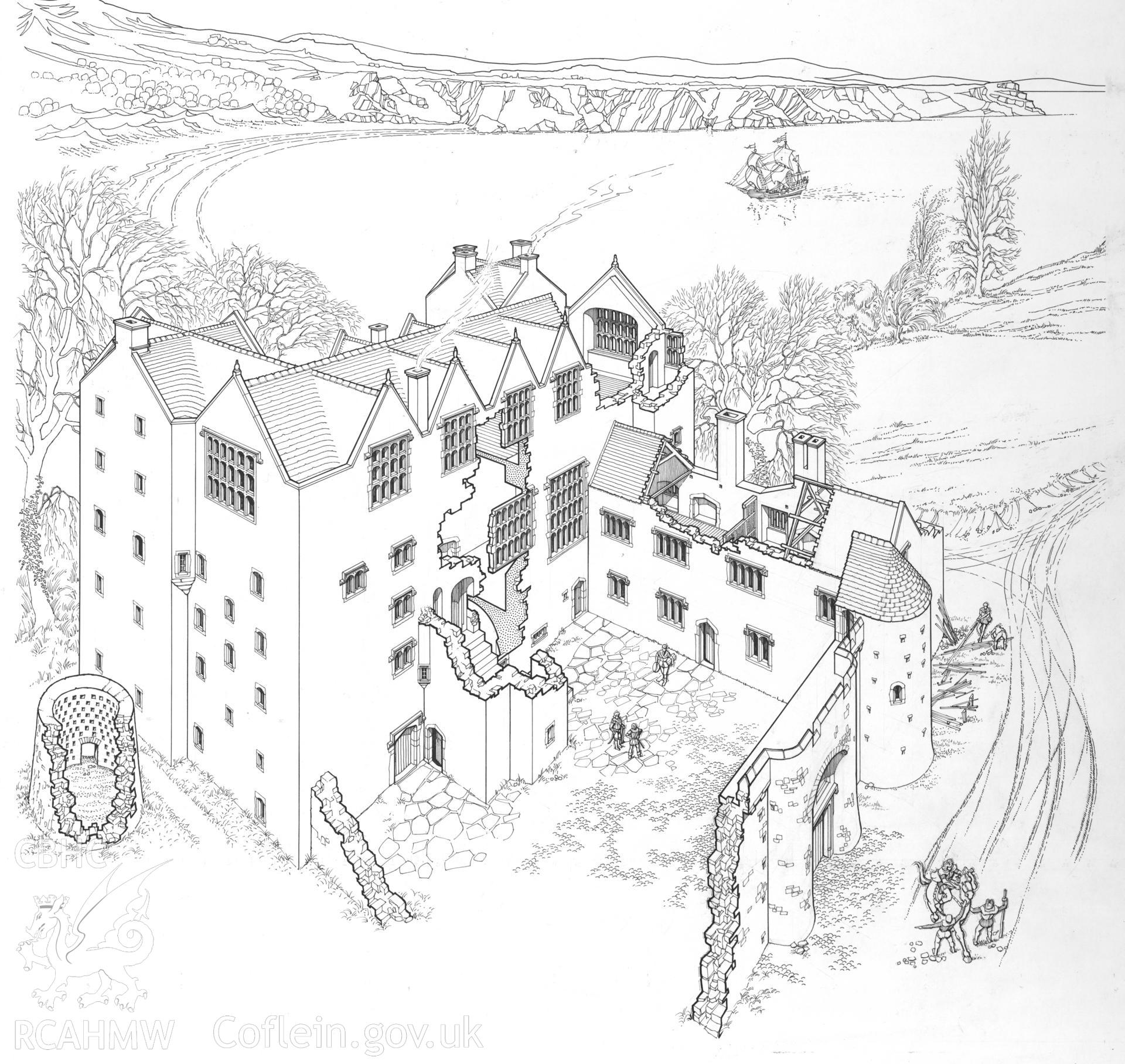 RCAHMW drawing showing cutaway view of Oxwich Castle, Glamorgan, published in Glamorgan IV, fig 7.