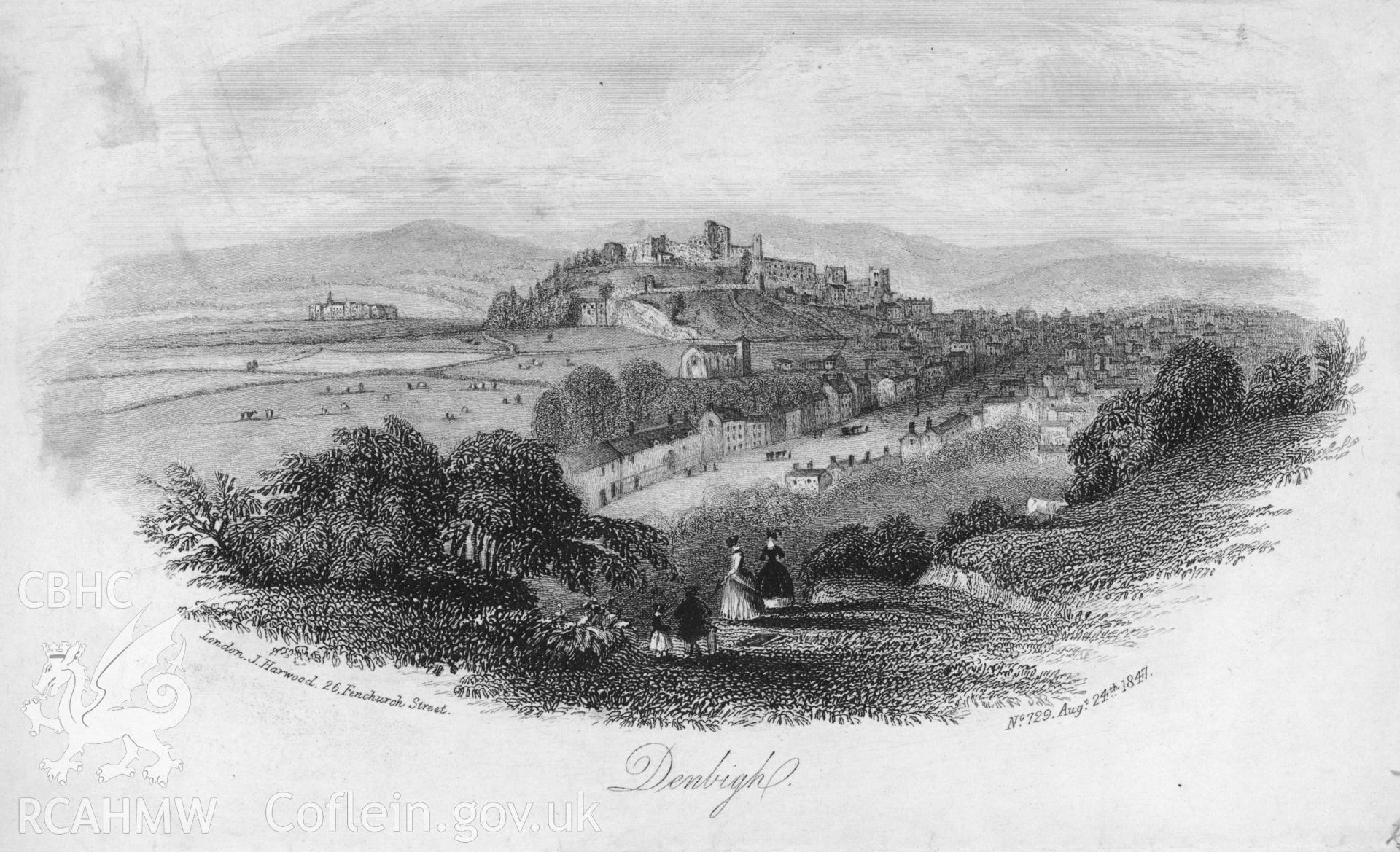 Black and white illustration of Denbigh Town taken from an engraving.
