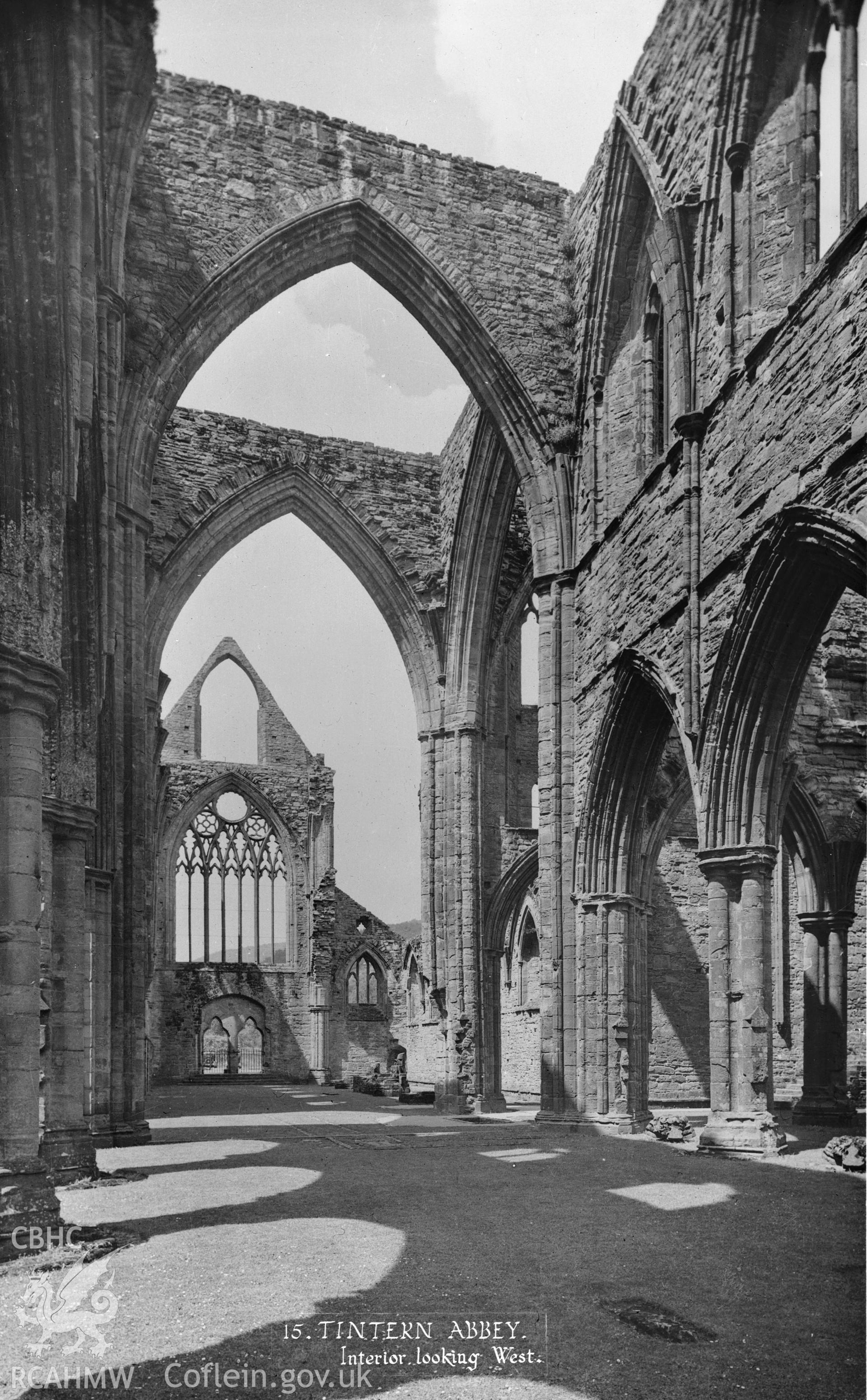 D.O.E. black and white negative of Tintern Abbey: Interior looking West.