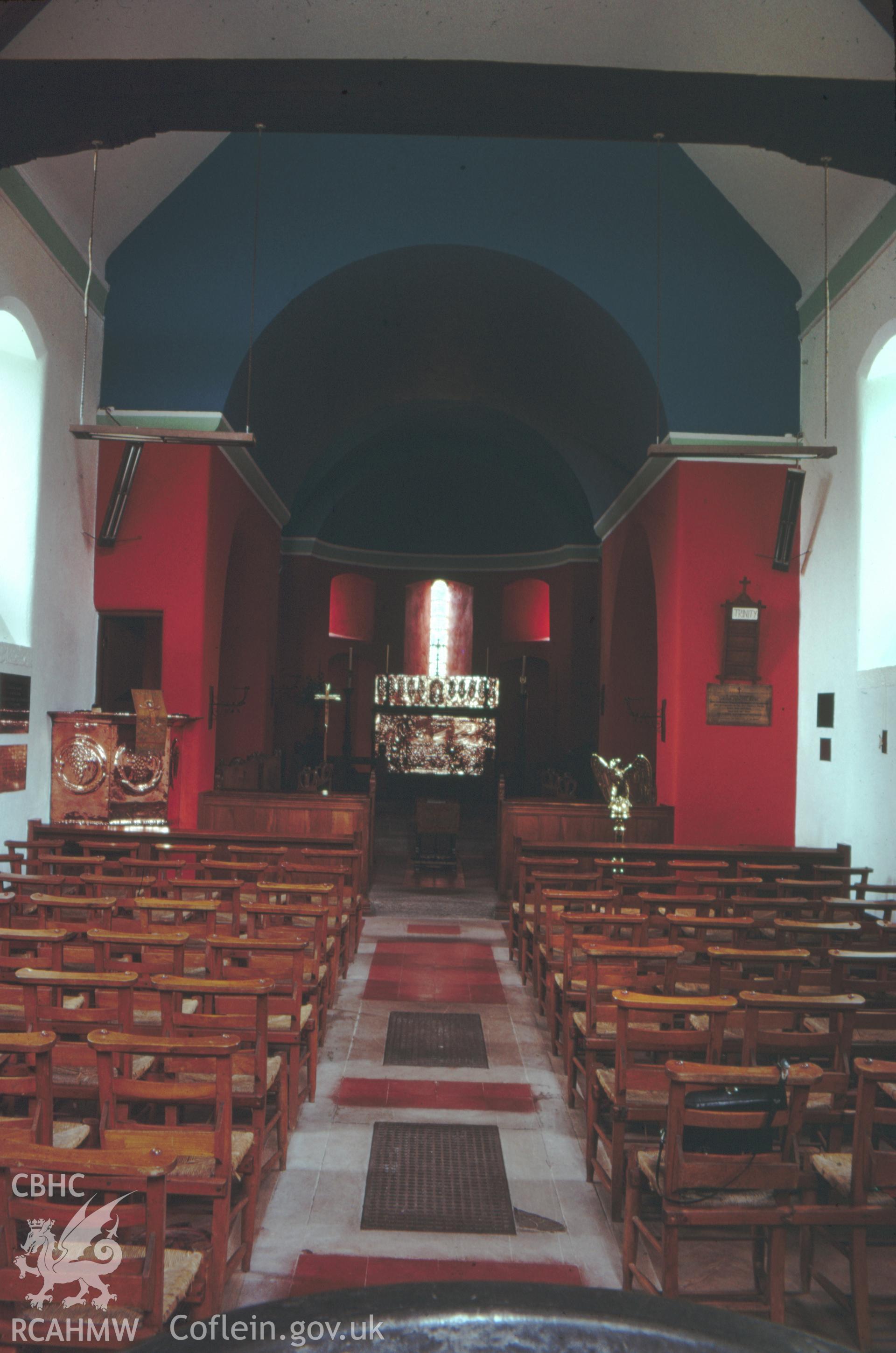 Colour slide showing interior view of Brithdir Church looking east.