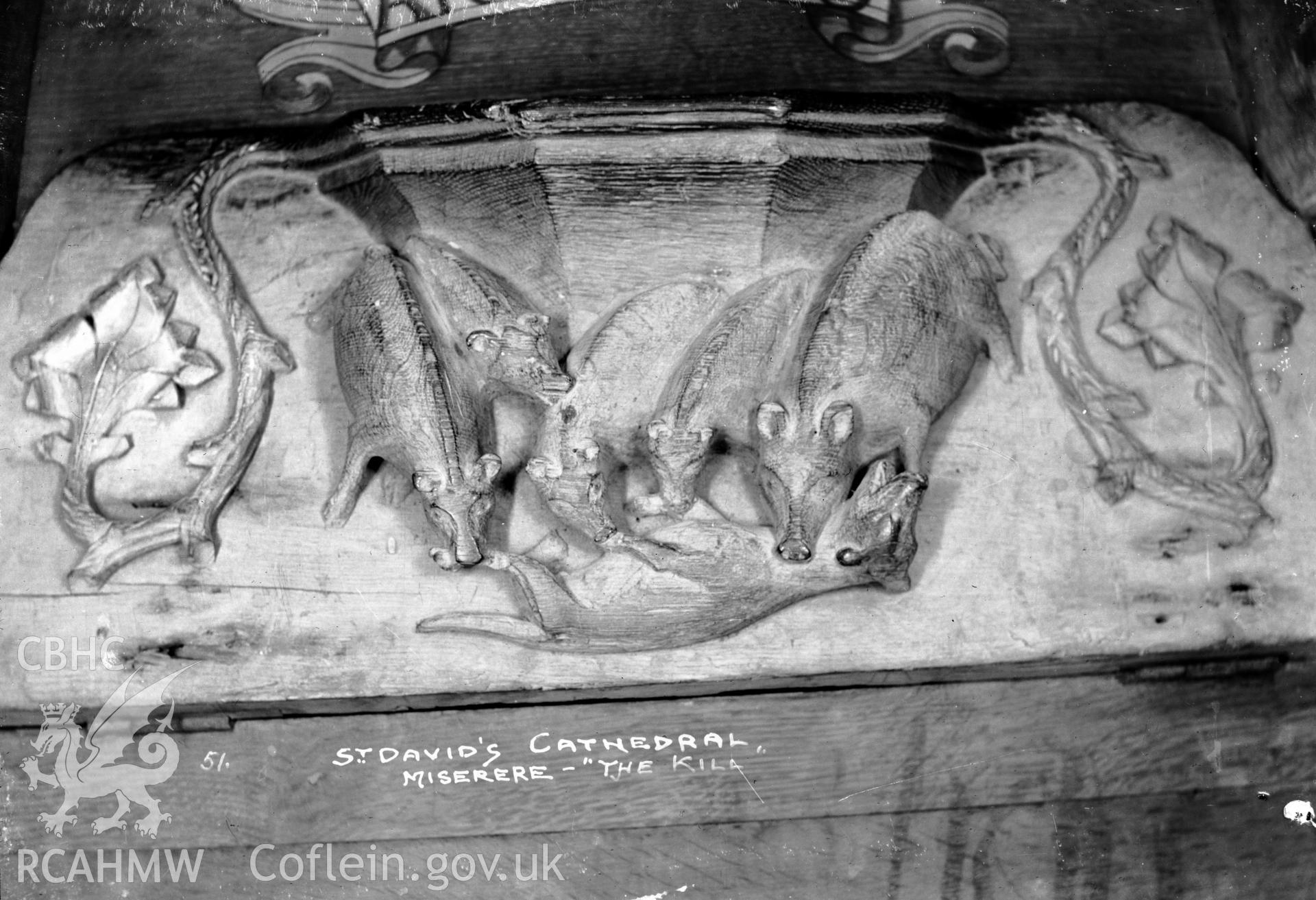 Detail of miserere at St Davids Cathedral showing animals at "the kill".