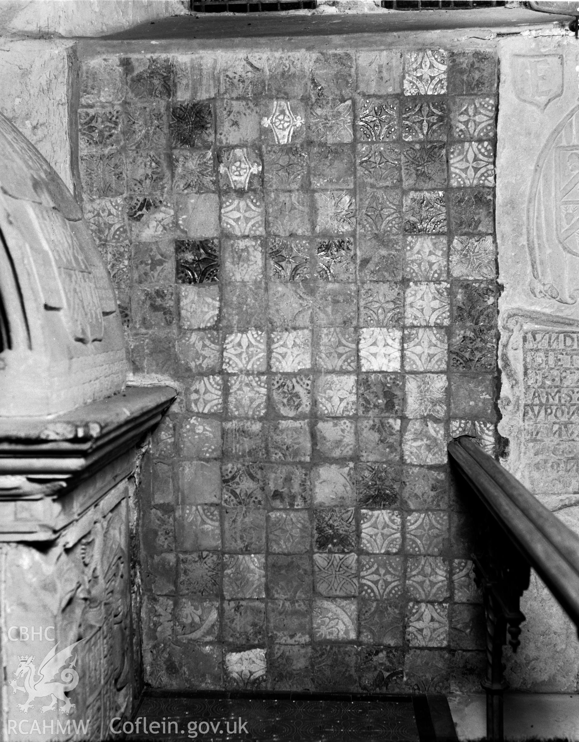 Interior view of St Marys Church Conwy showing detail of tiled floor, taken in 10.09.1951.