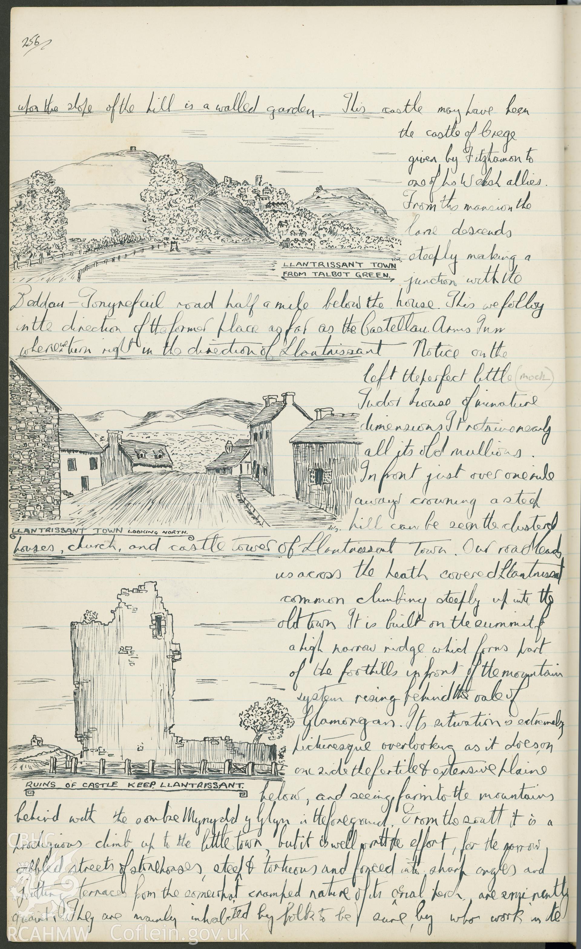 Page from a notebook featuring an illustration by R.E. Kay showing Llantrisant Castle and views of the town of Llantrisant. As featured on p256 of R.E. Kay Notebook Series I, Vol II.