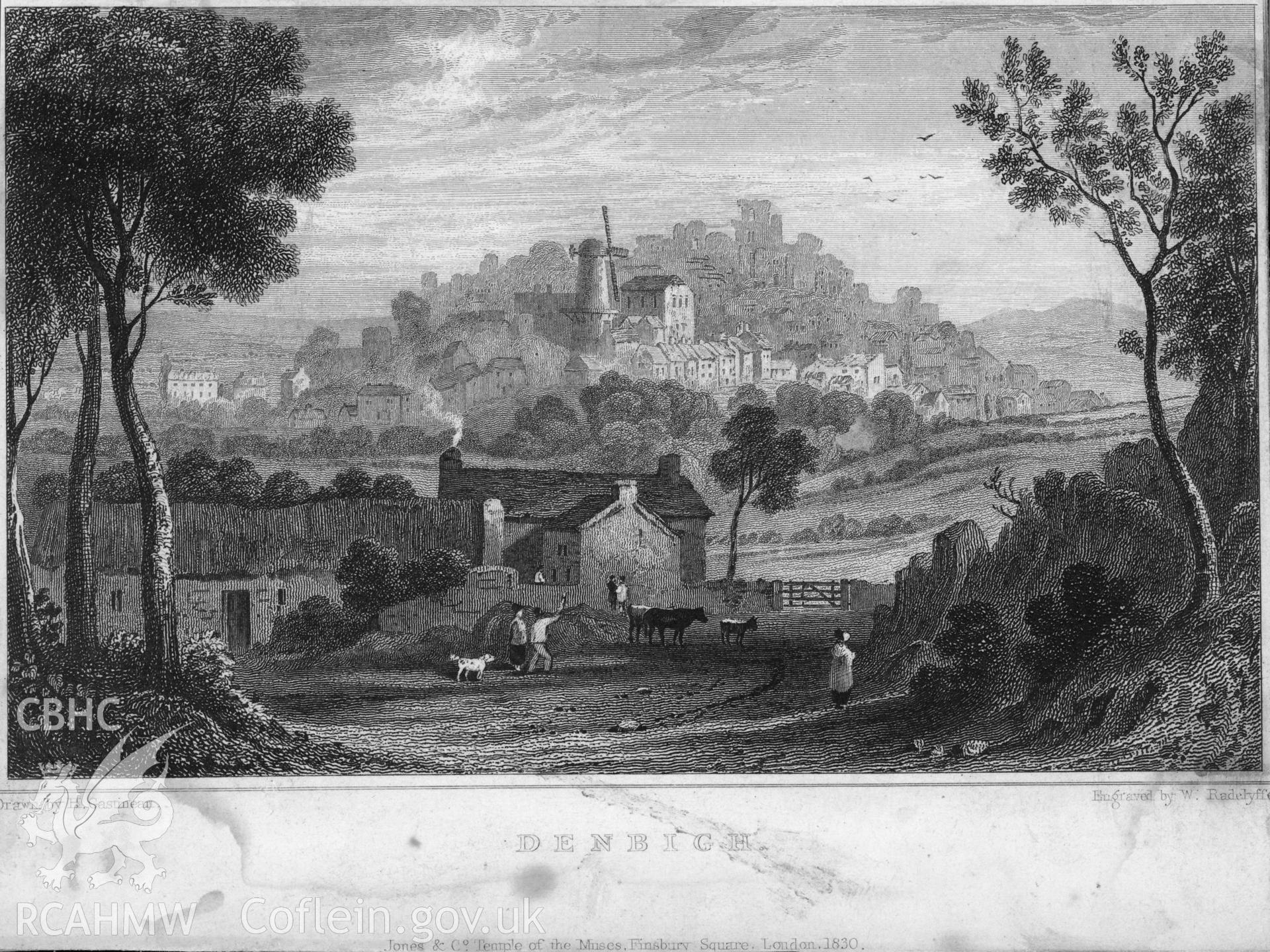 Black and white illustration of Denbigh Town showing an engraving by W. Radelyffe from a drawing by H. Gastineau.