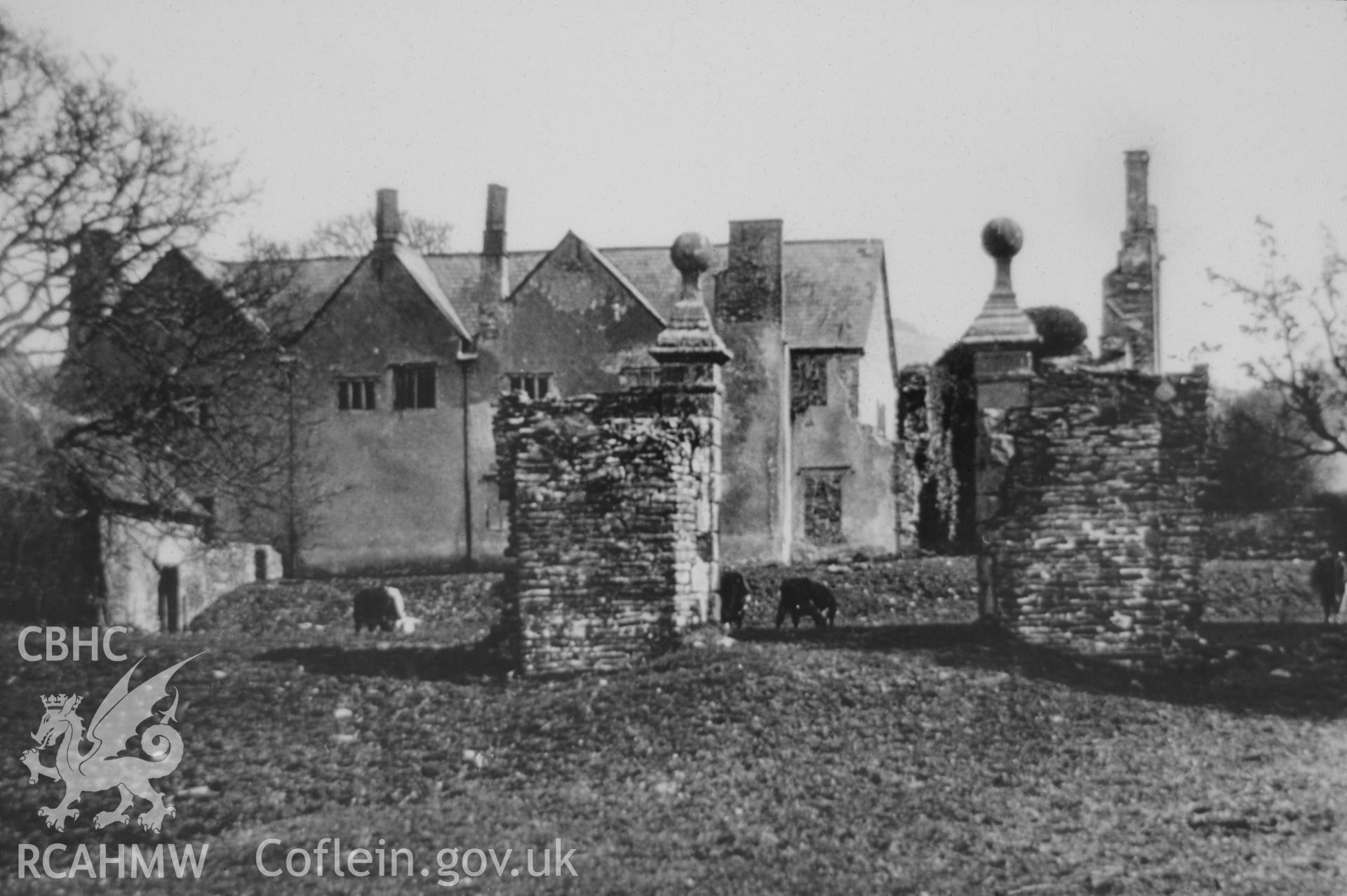 Copy transparency of black and white photograph, exterior of Old Gwernyfed, Tregoyd. From an original held at Brecon Museum, undated.