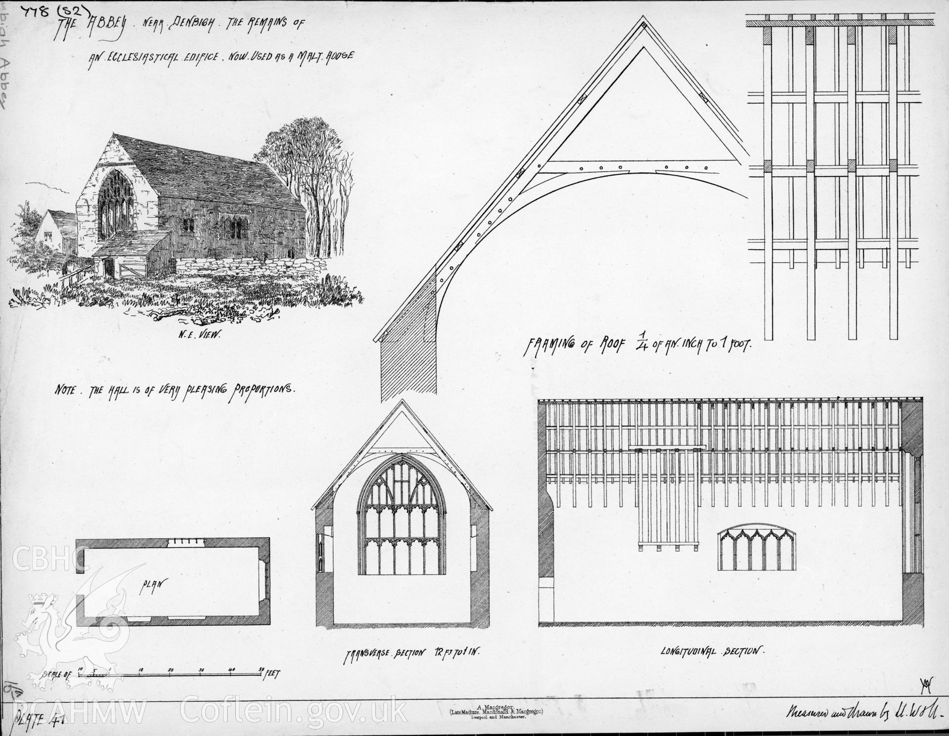 Copy of a non RCAHMW drawing showing plan and section of White Friary, Denbigh.