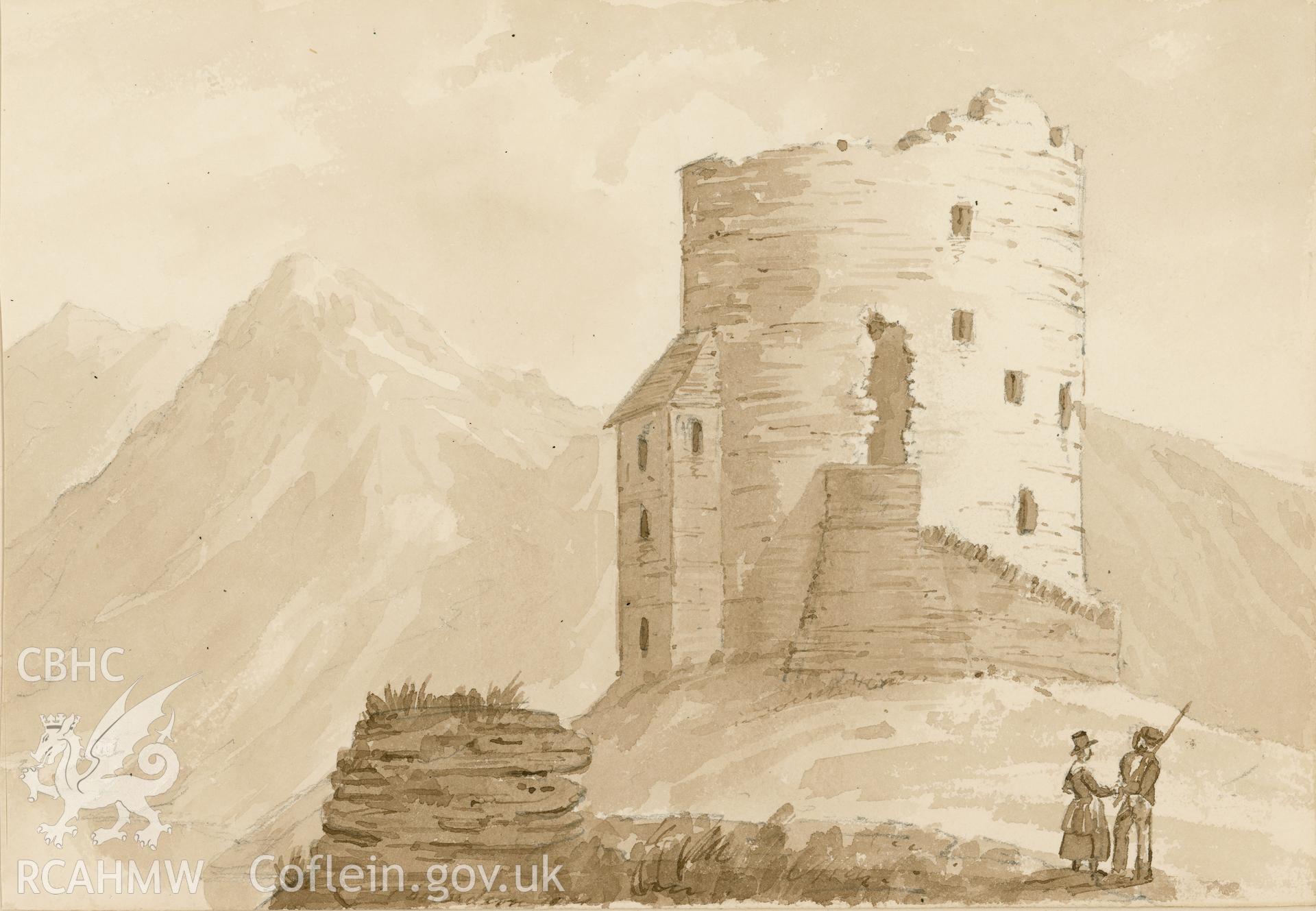 Digital copy of a sepia wash painting of Dolbadarn Castle, produced by Colonel William Markham, c1840.