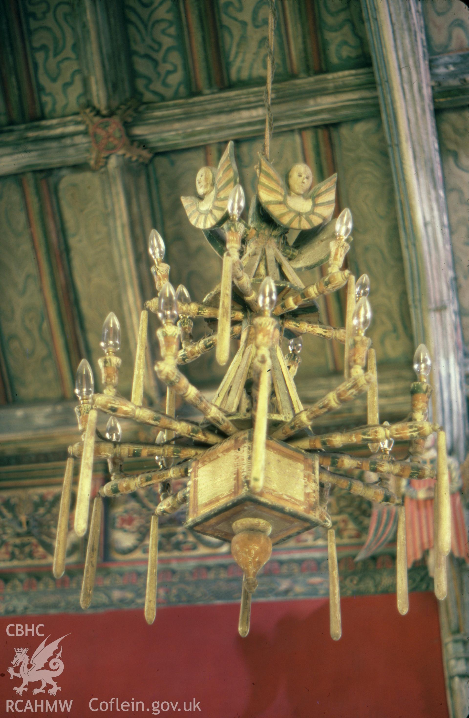 Colour slide showing view of candelabra in Rug Chapel.