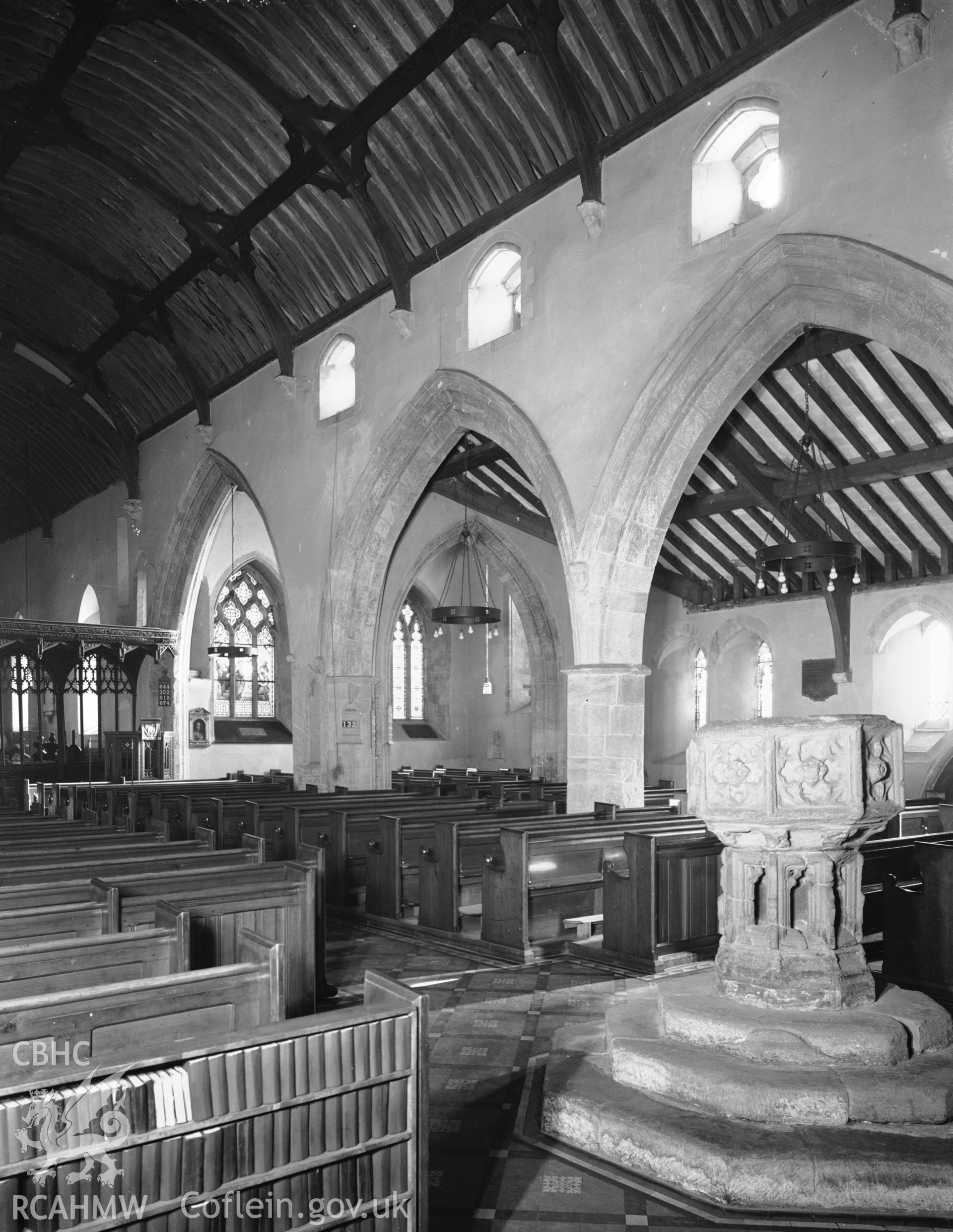 Interior view of St Marys Church Conwy showing font, taken in 10.09.1951.